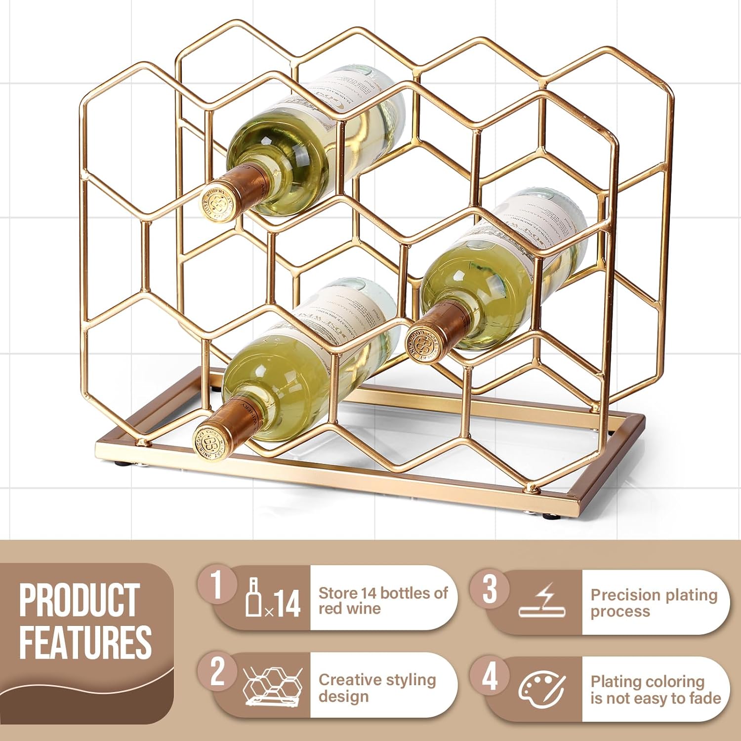 Drincarier 14 Bottle Gold Metal Wine Rack - Modern Freestanding Tabletop Display