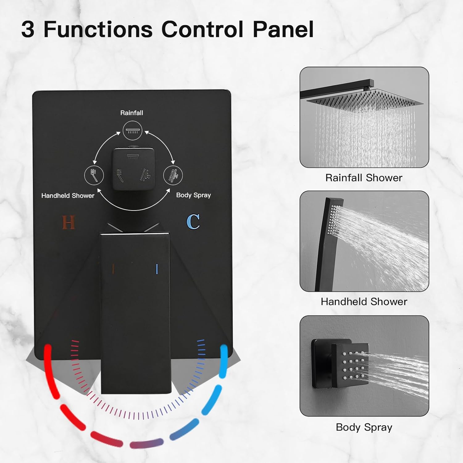 BWE Black Rain Shower System with Body Jets and Handheld Sprayer