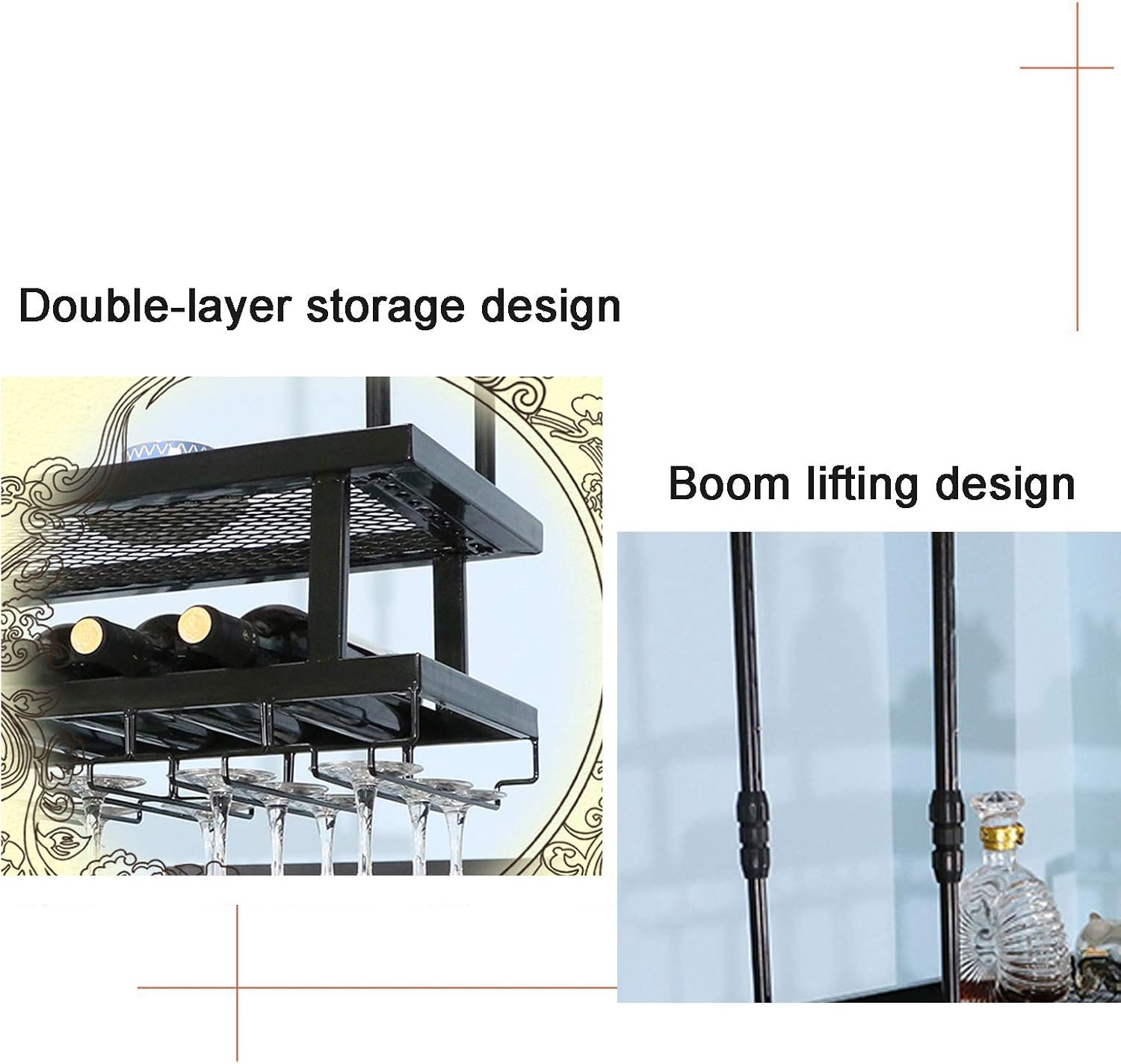 Industrial Hanging Wine Rack 2-Layer Metal Wall Mounted Glass and Bottle Holder
