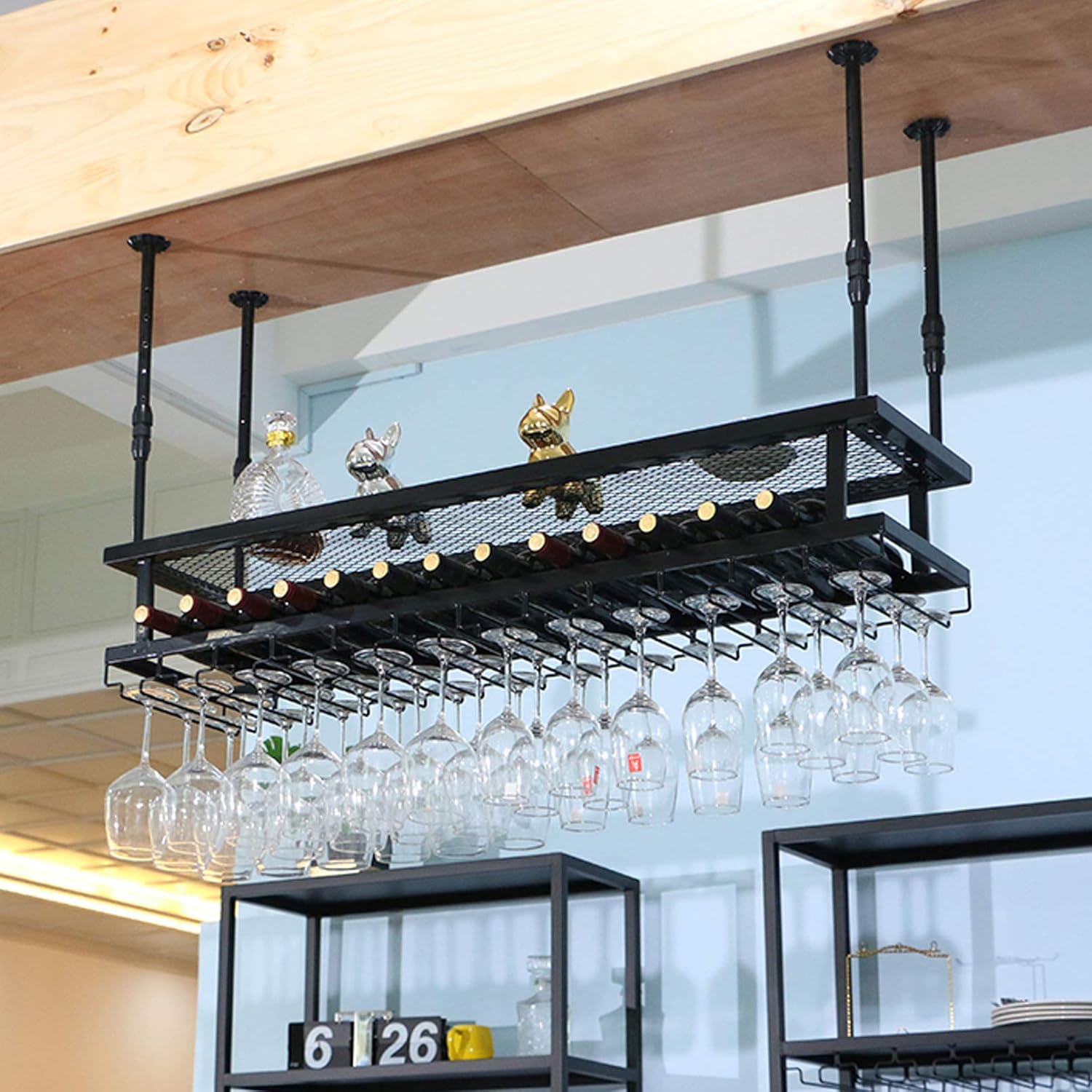 Industrial Hanging Wine Rack 2-Layer Metal Wall Mounted Glass and Bottle Holder