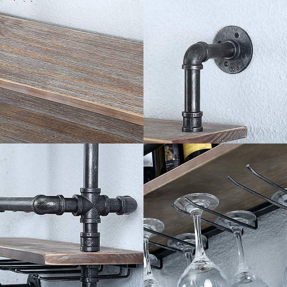 Pimex Wall-Mounted 3-Layer Wine Rack with Iron Frame and Glass Holders