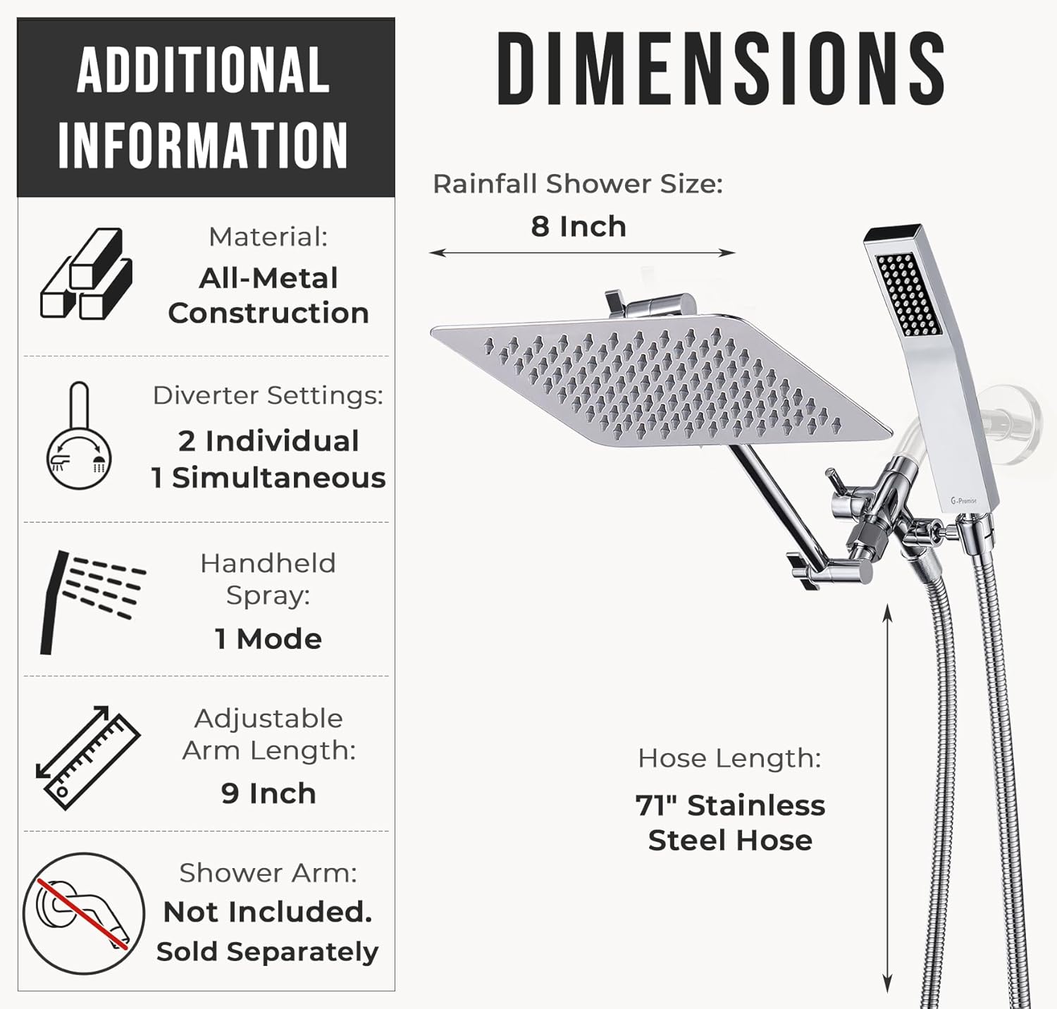G-Promise 8 Inch Dual Square Shower Head with Handheld Combo - Chrome