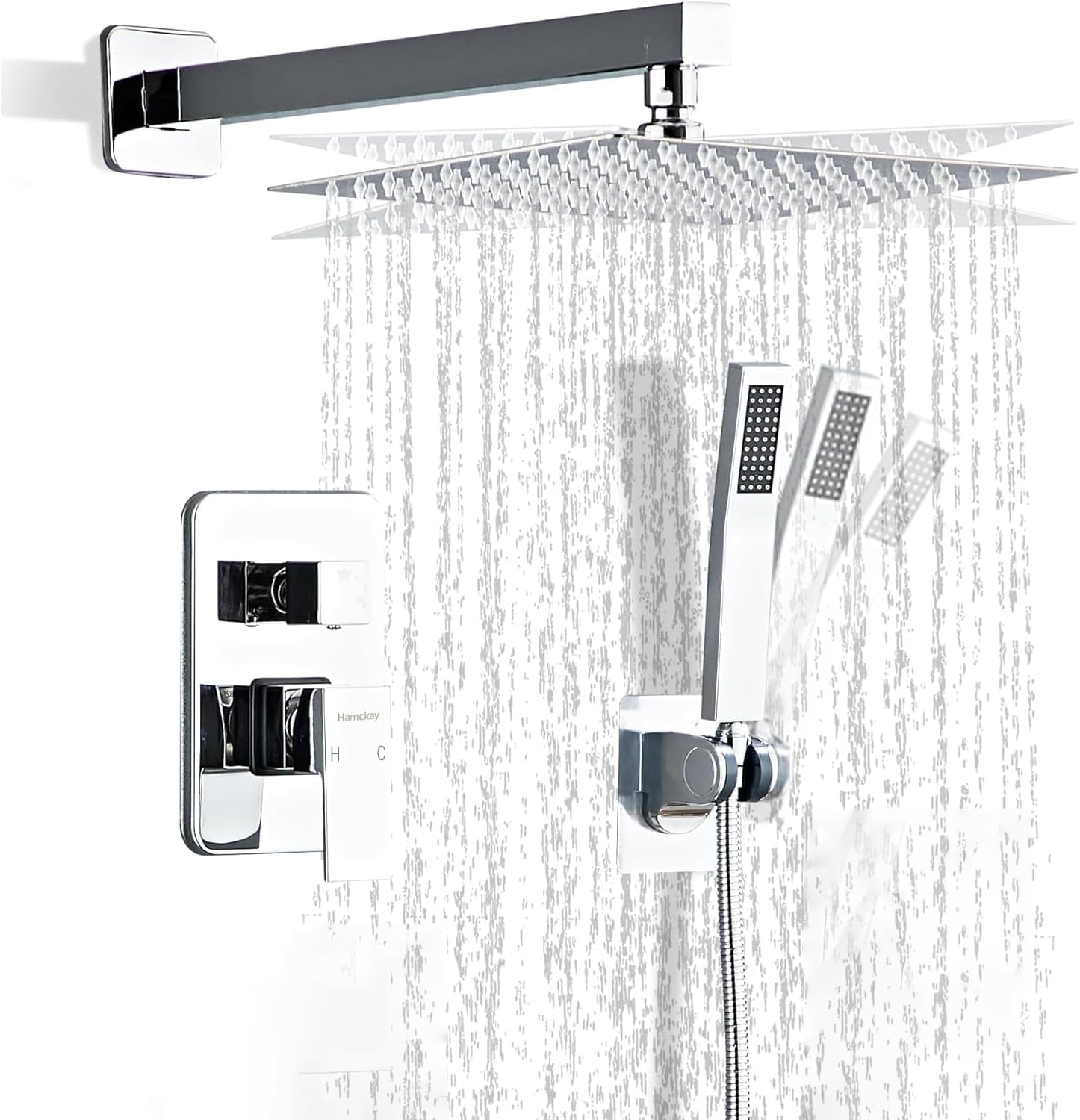 Hamckay 8 Inch Chrome Shower Faucet Set with Rain Head and Handheld