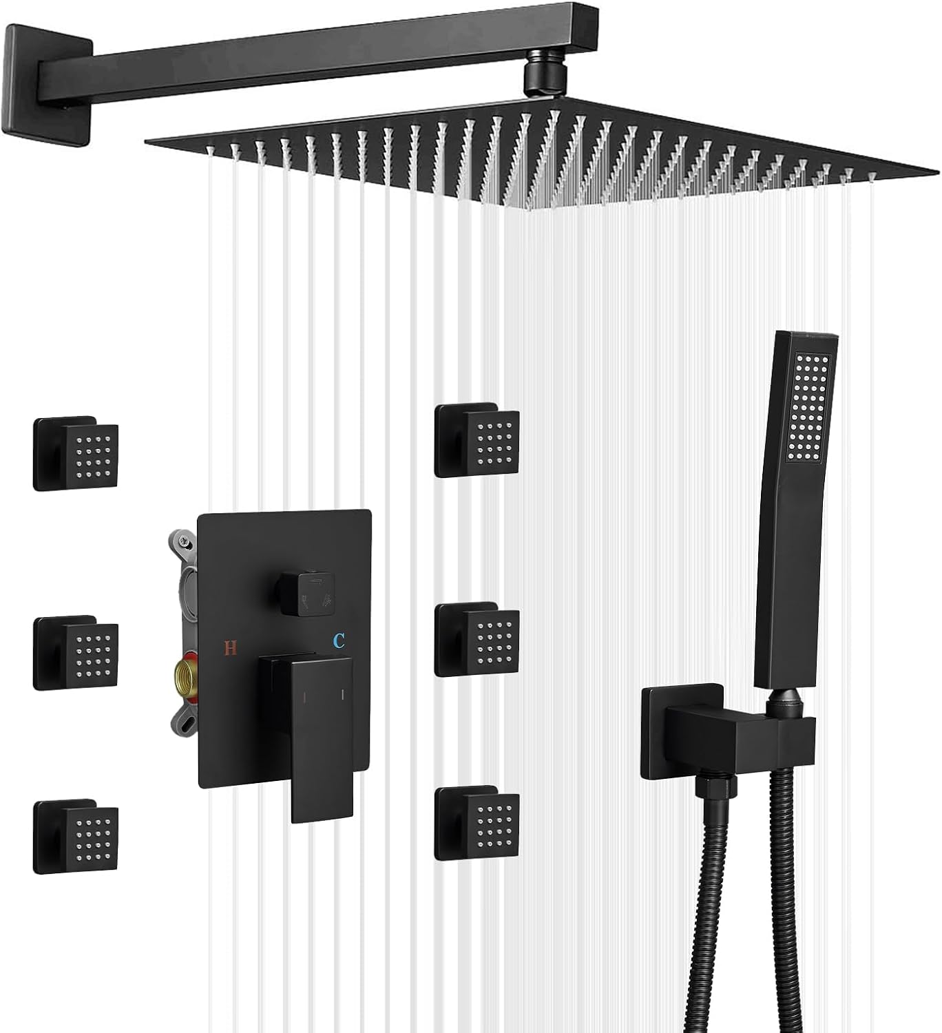 BWE Black Rain Shower System with Body Jets and Handheld Sprayer