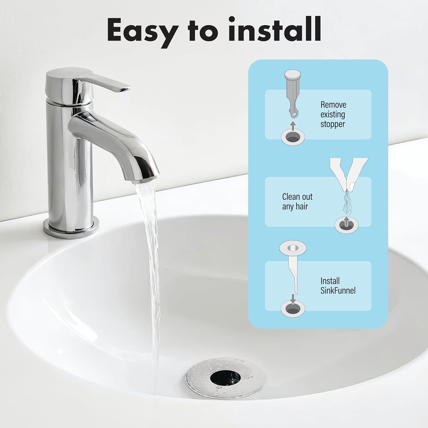 DrainFunnel Chrome Sink Drainer for Hair Clog Prevention