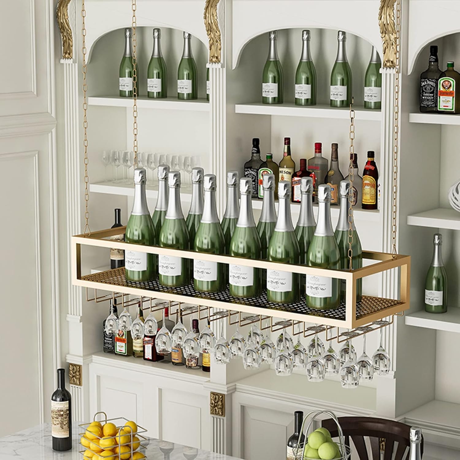 Iron Art Ceiling Wine Rack with Adjustable Chain and Glass Storage