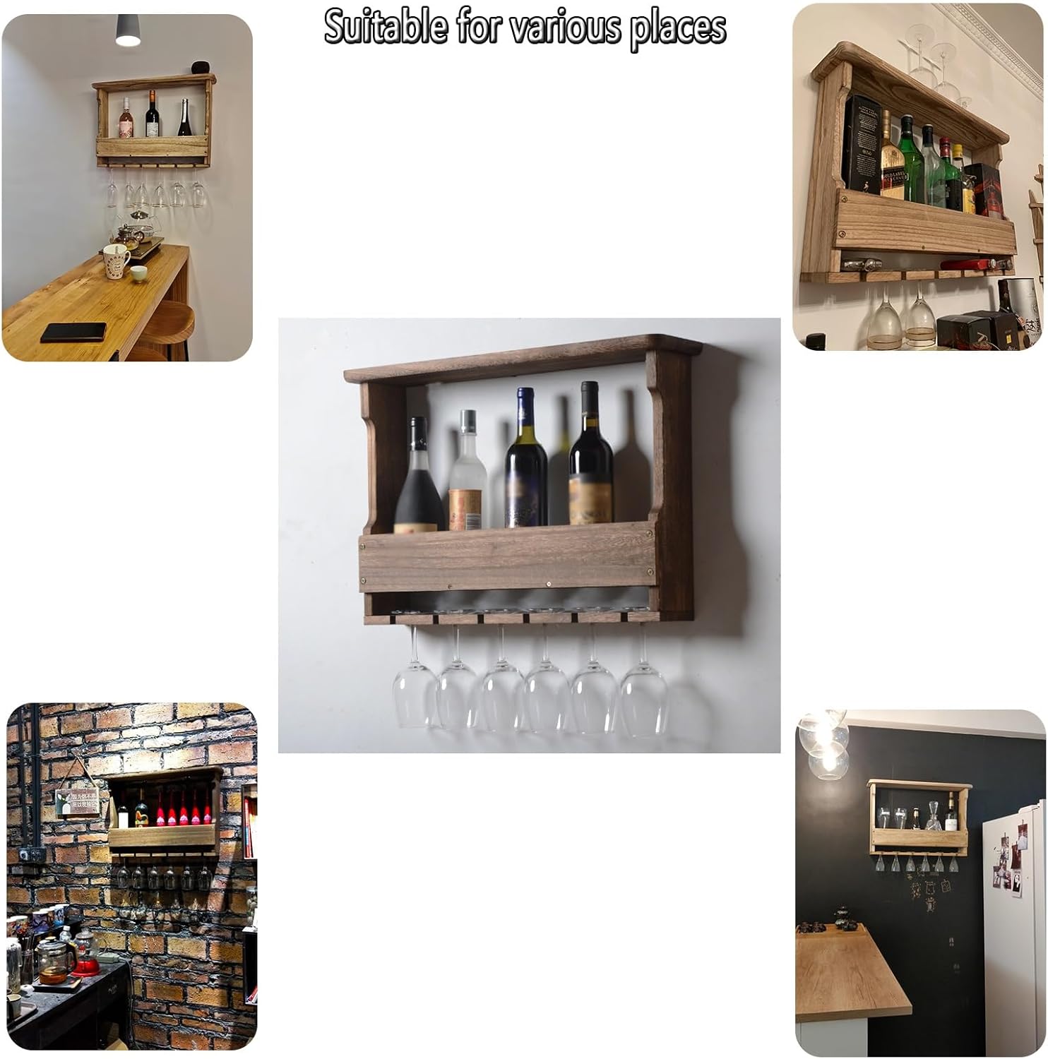 ERICAT Wall Mounted Wood Wine Rack for 6 Bottles