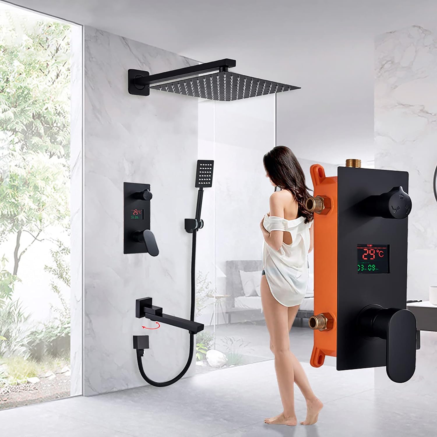 Wall Mounted Matte Black Shower Combo Set with Digital Display 1