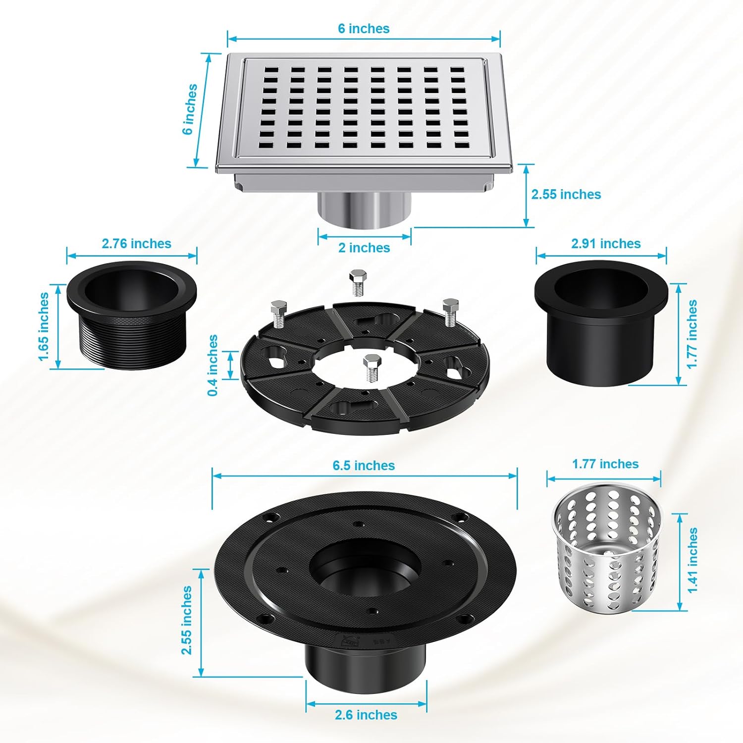 6 Inch Square Drain with Chrome Finish and Removable Cover