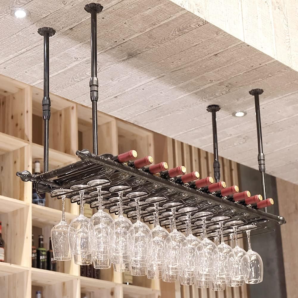 ZJDYDY Wall-Mounted Wine Rack Black Metal Frame with Adjustable Stemware Shelf