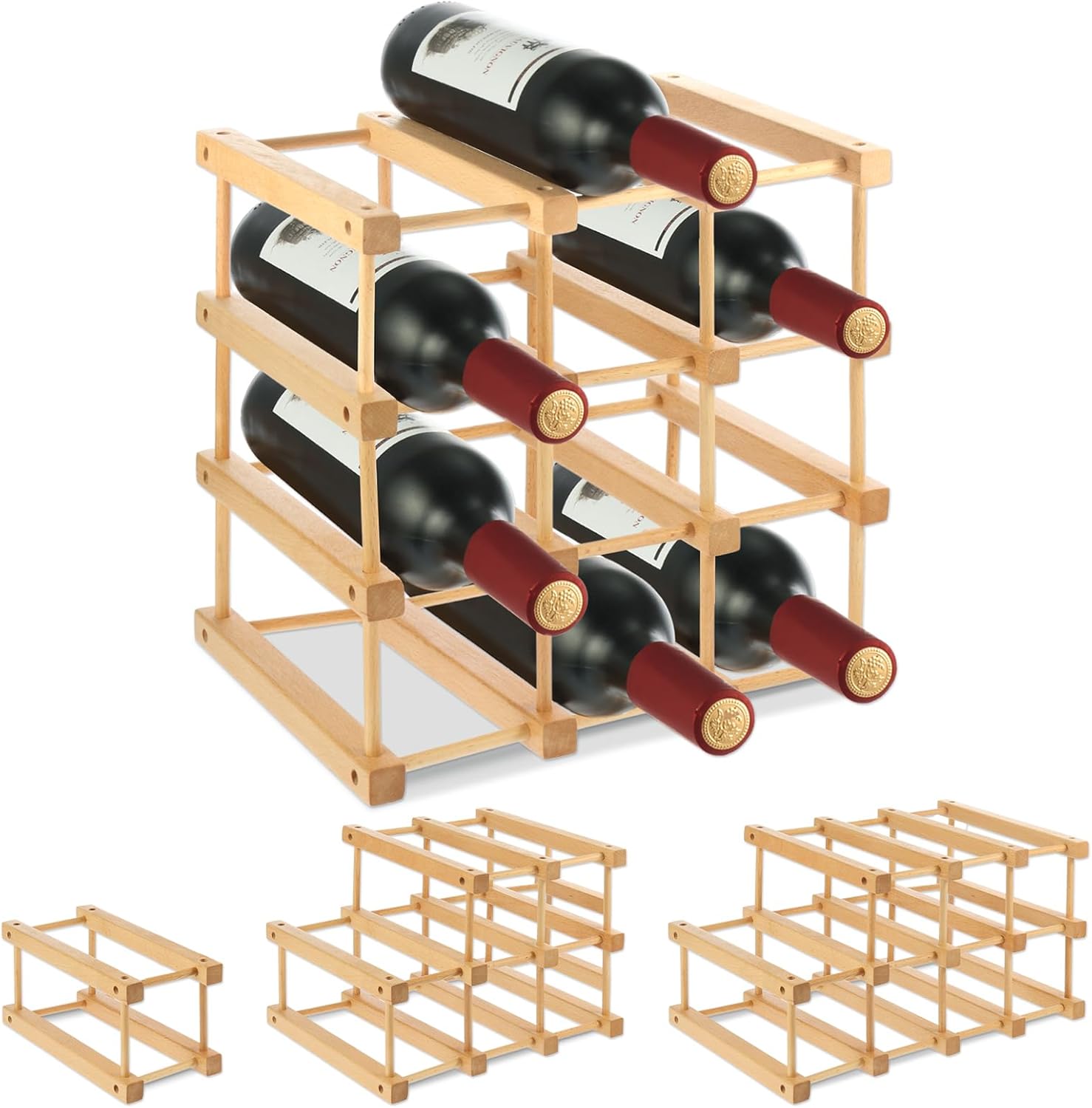 Wensdr 12-Bottle Beech Wood Wine Rack with Modular Design