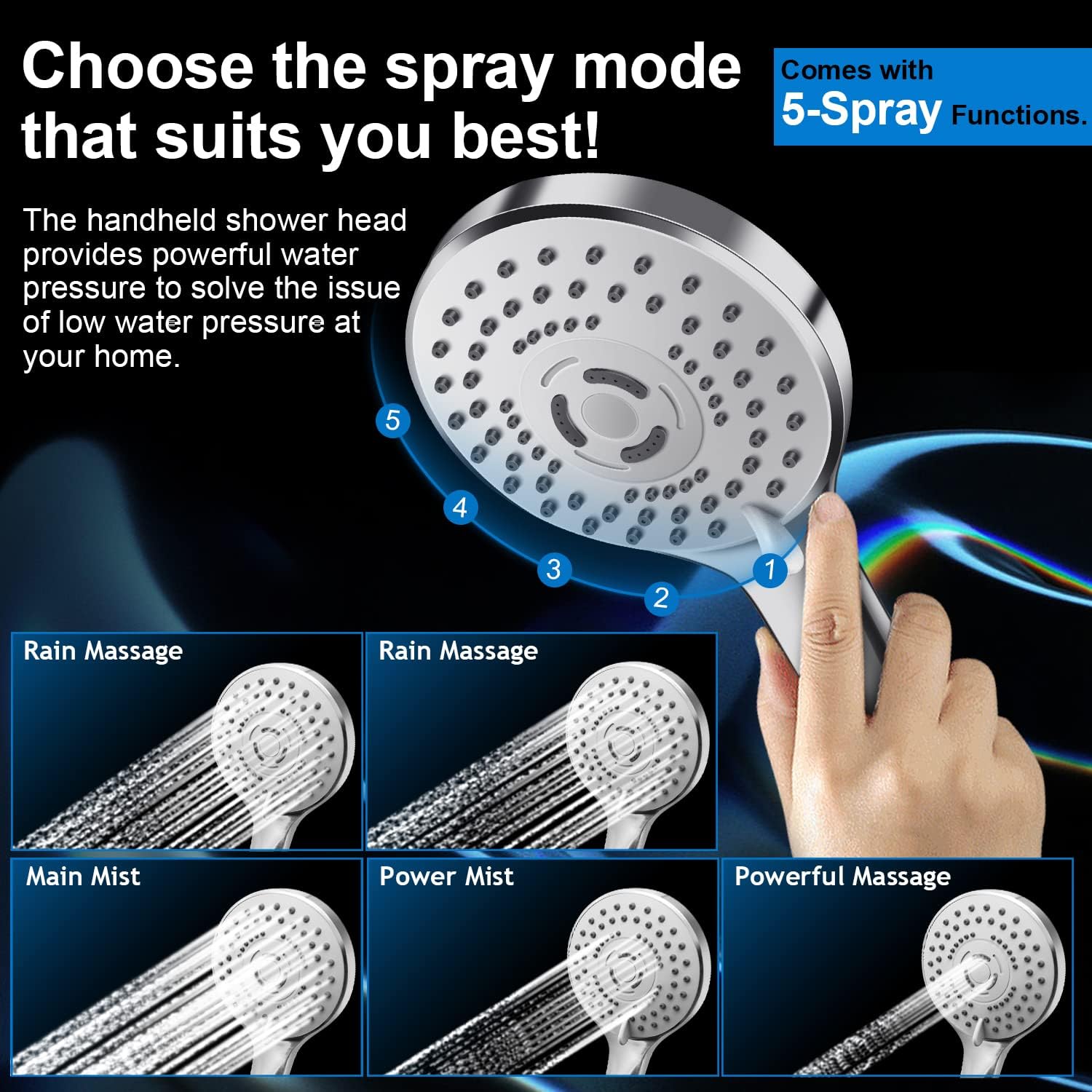 PinWin 12 Square Rain Showerhead with 5 Modes Handheld Combo