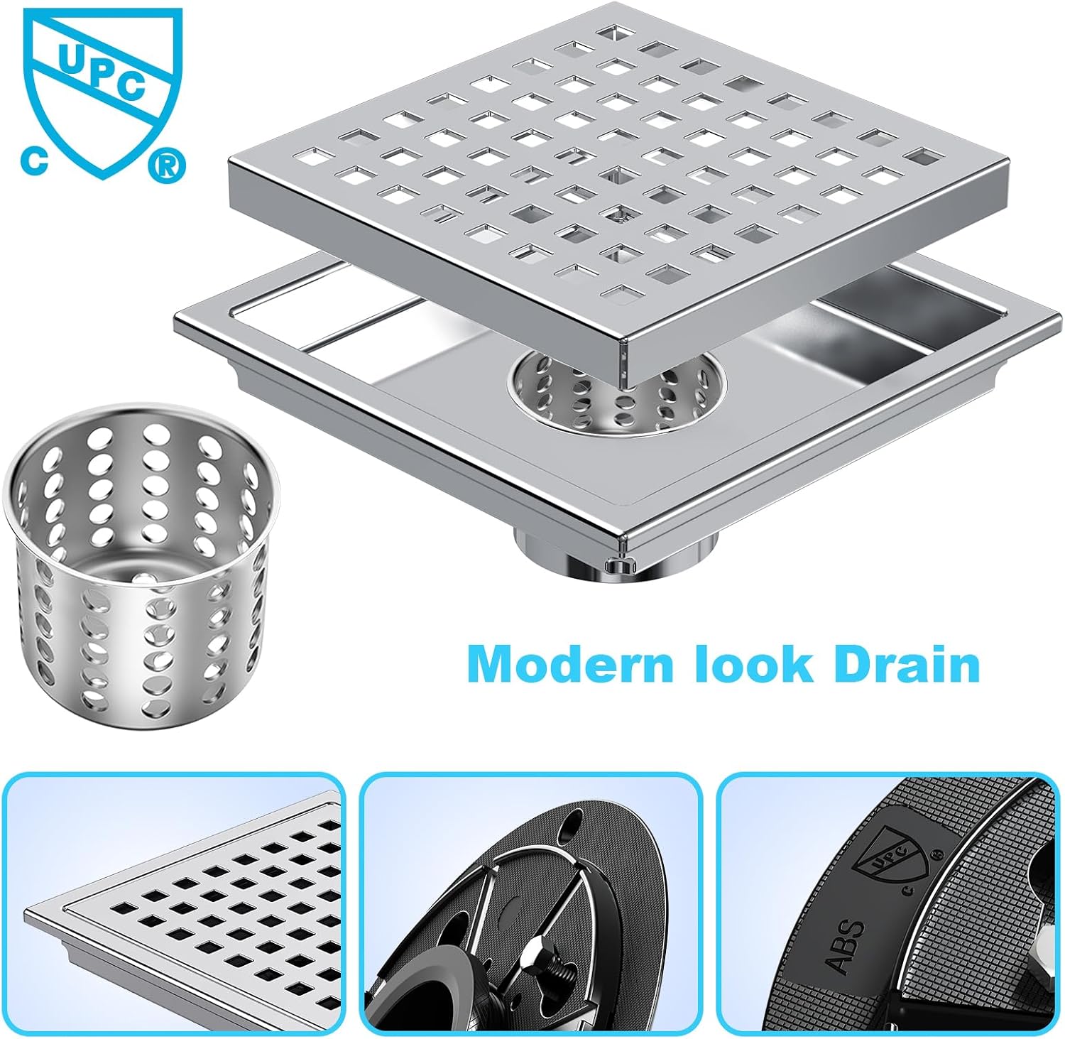 6 Inch Square Drain with Chrome Finish and Removable Cover