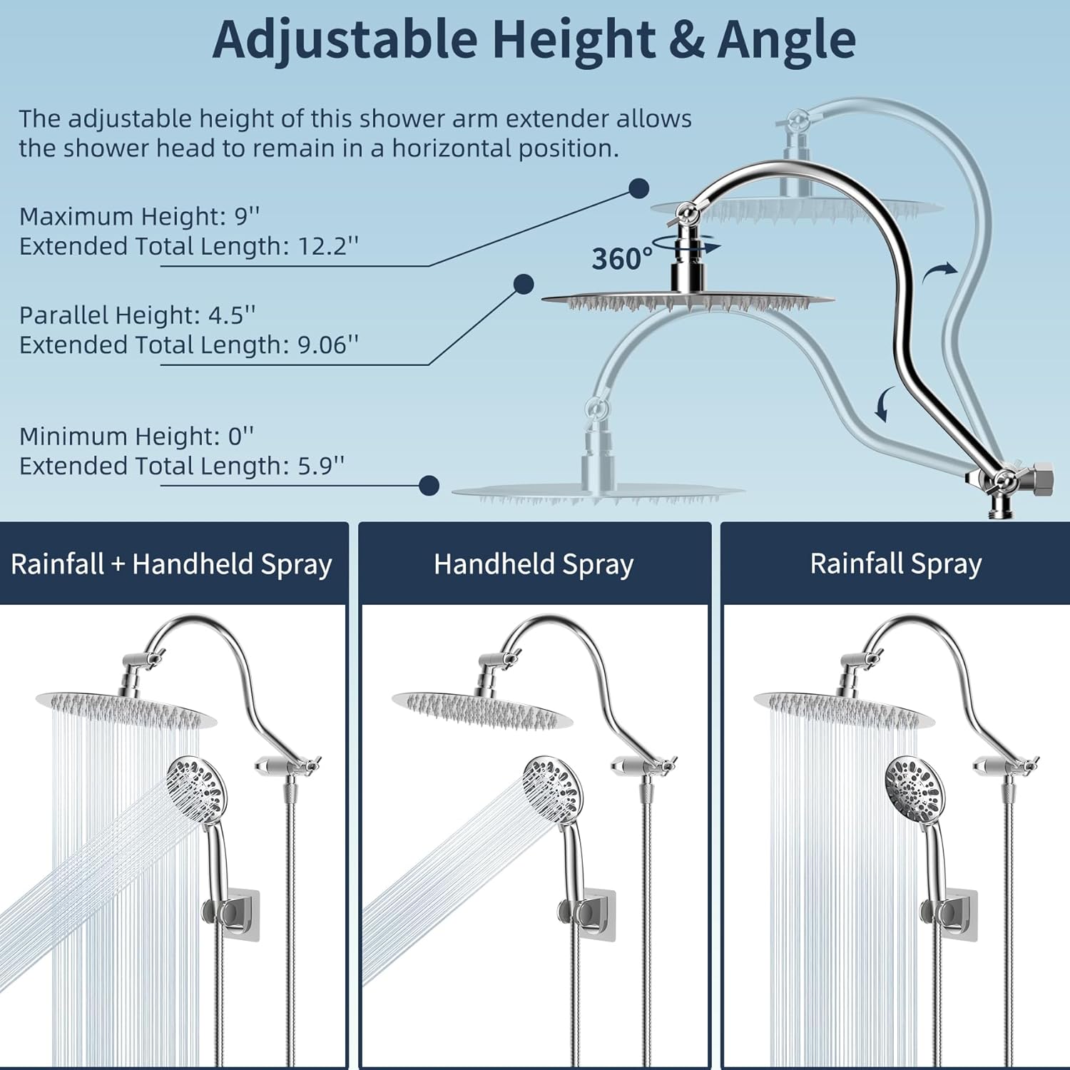 Hibbent All Metal Shower Head Combo with 7 Spray and 12 Arm