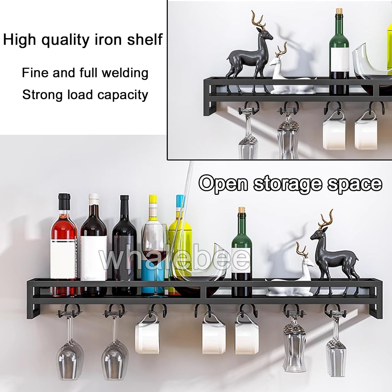 Whalebee Wall Mounted Wine Glass Rack 5 Rows Black