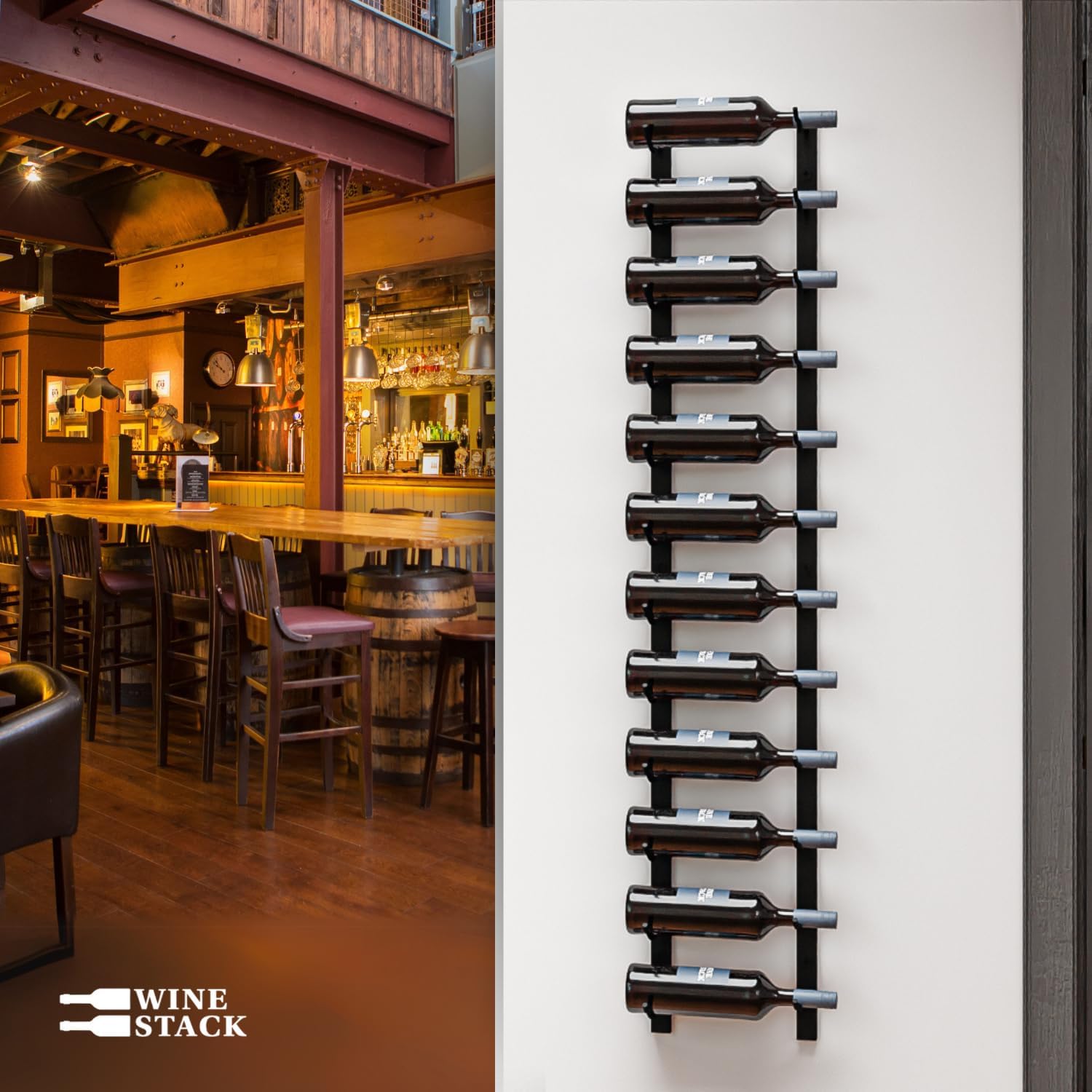 12-Bottle Black Metal Wall Wine Rack Modern Industrial Style