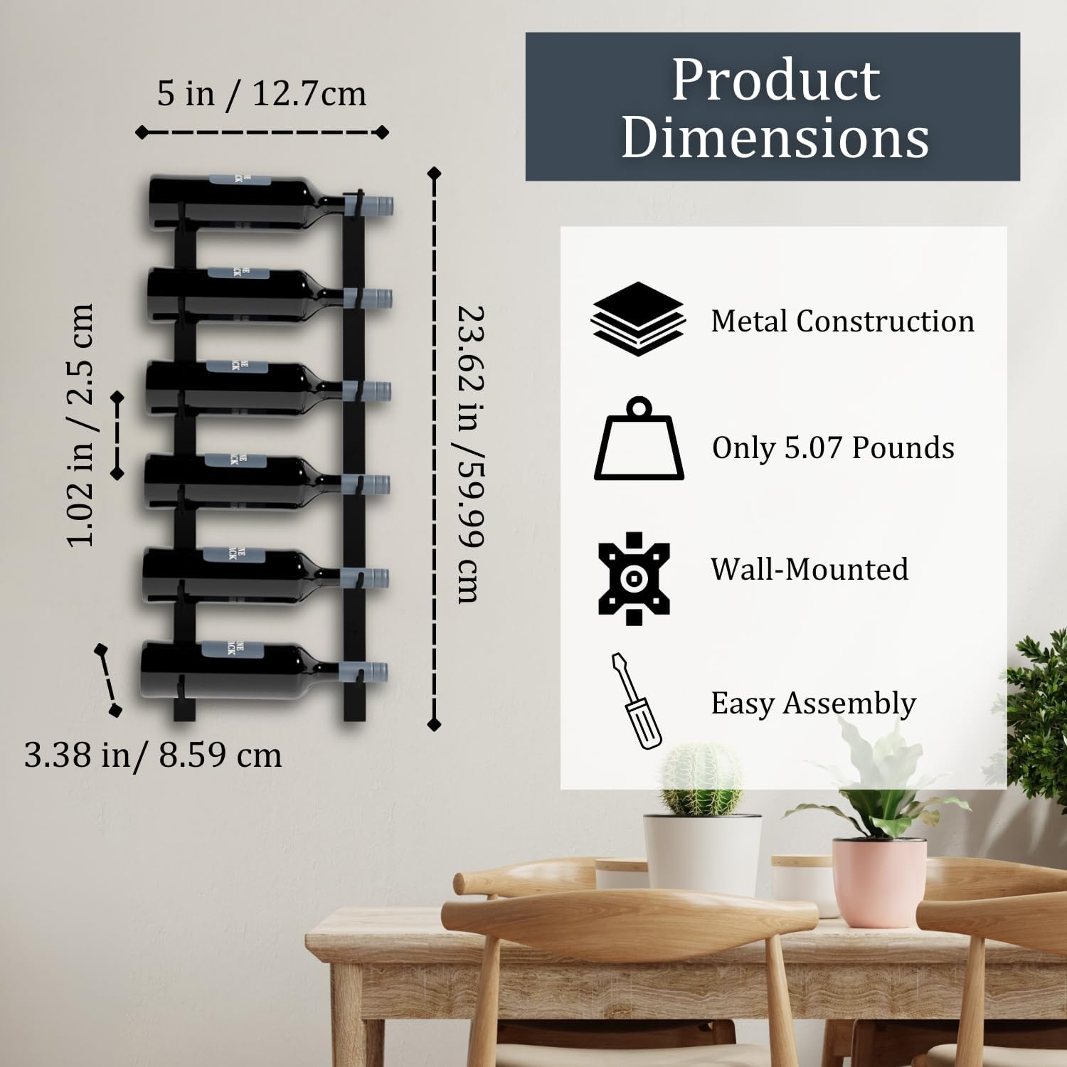 Wine Stack 6-Bottle Black Metal Wall Wine Rack