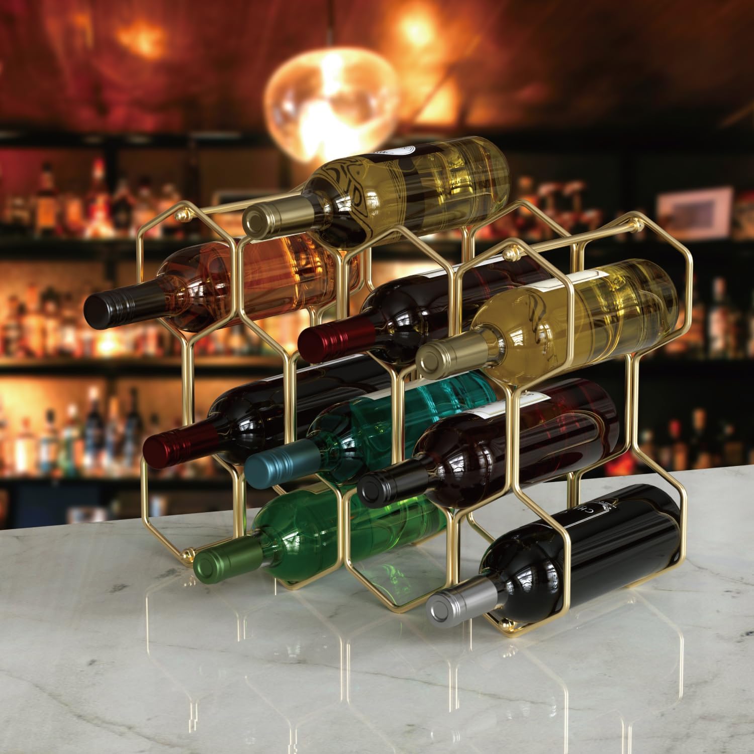 Buruis 14-Bottle Wine Rack with 3 Extra Slots Gold