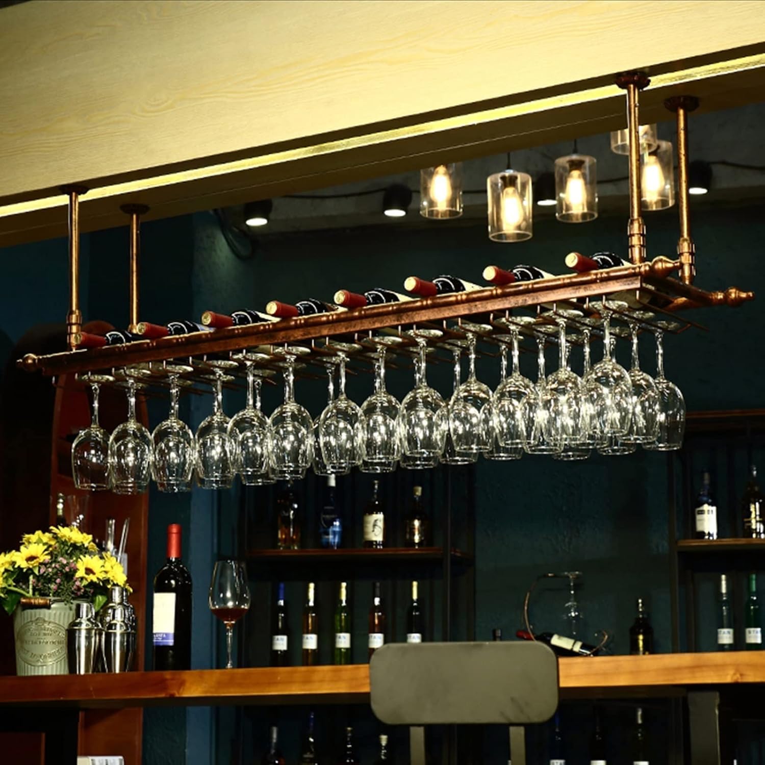 Ceiling Hanging Bar Wine Rack with Glass Holder
