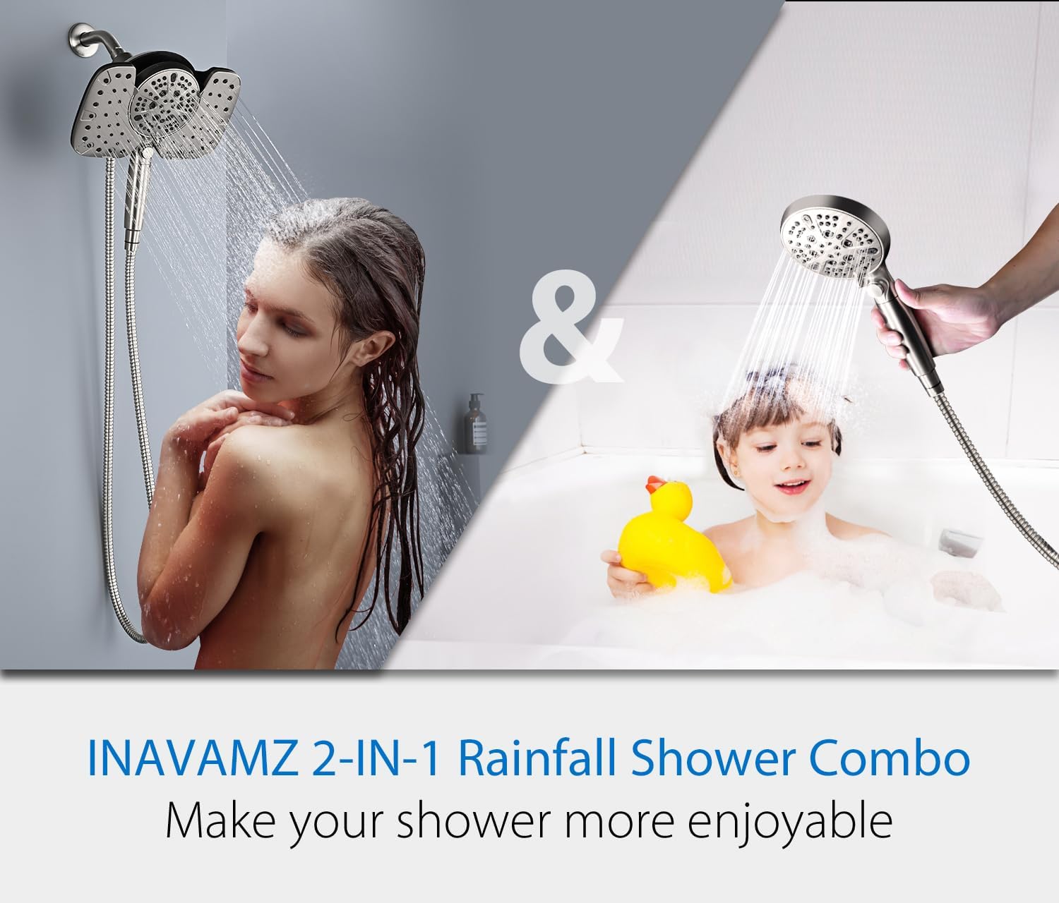 INAVAMZ 25GPM Nickel Shower Head with Handheld and 10 Spray Settings