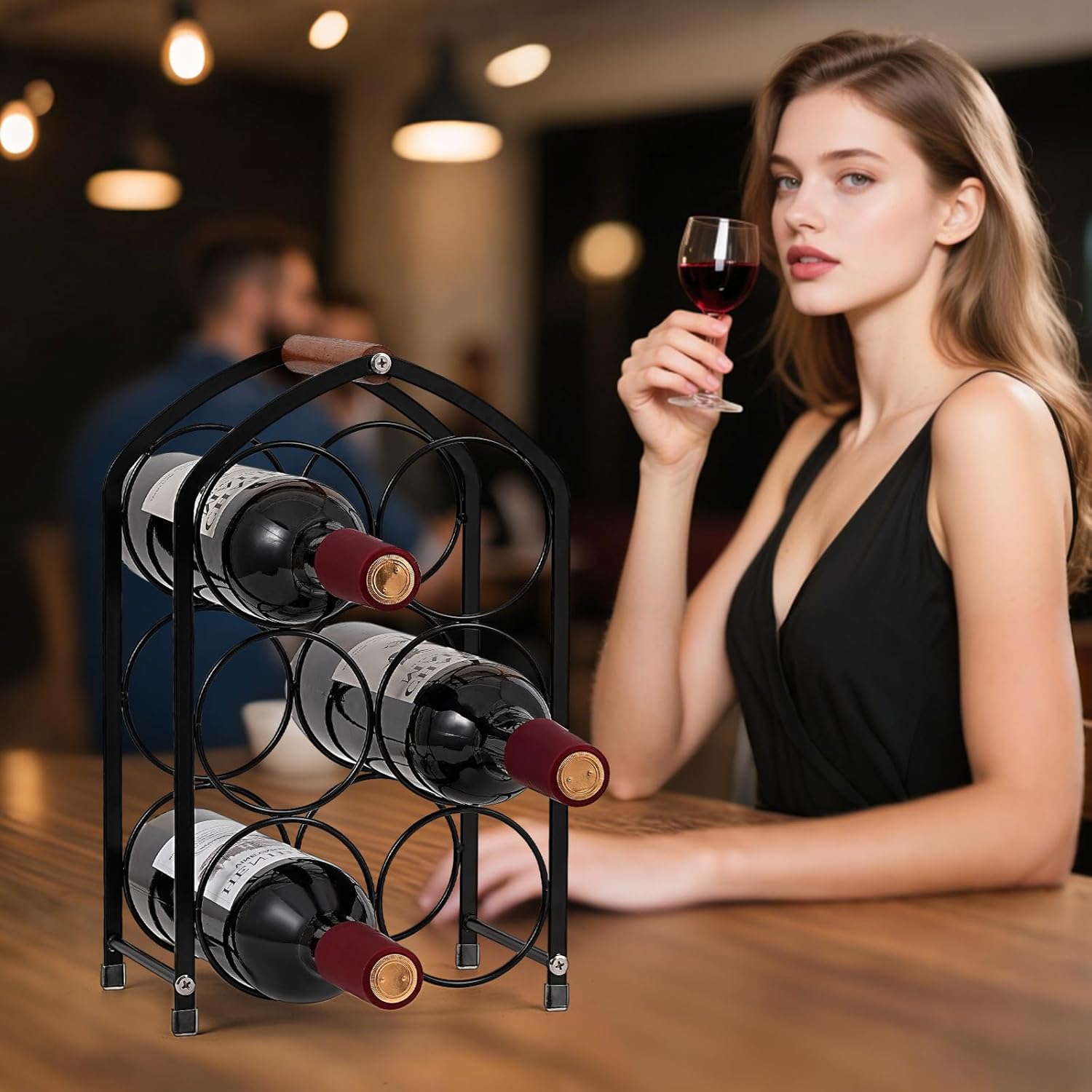 Tocemei 6-Bottle Tabletop Wine Rack Black