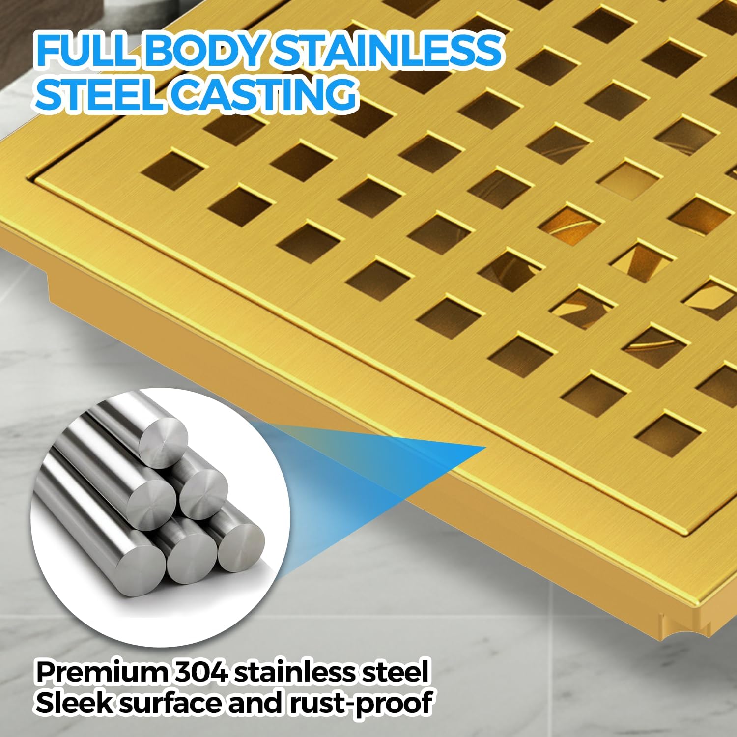 Zaa 6 Inch Square Shower Drain with Flange and Hair Strainer