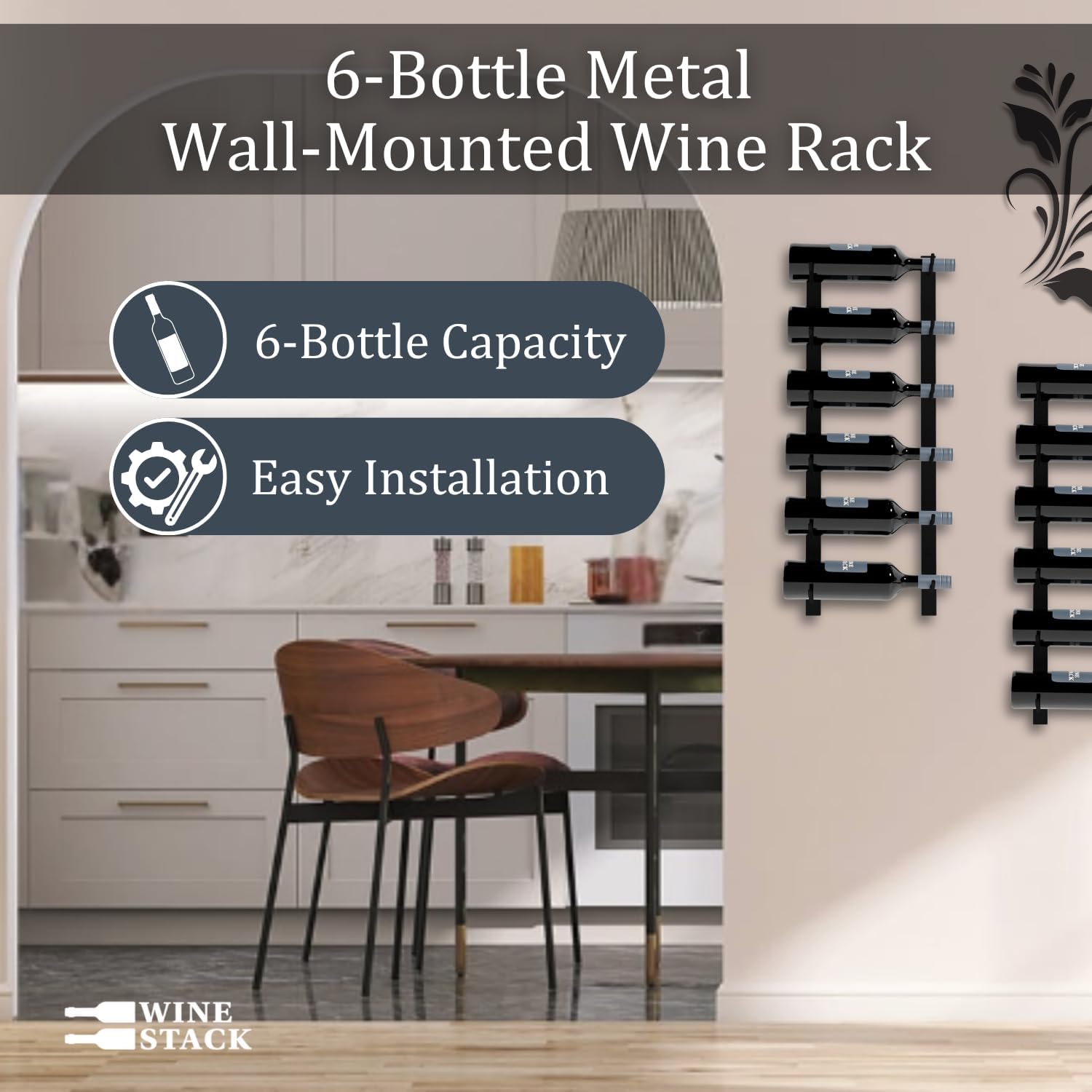 Wine Stack 6-Bottle Black Metal Wall Wine Rack