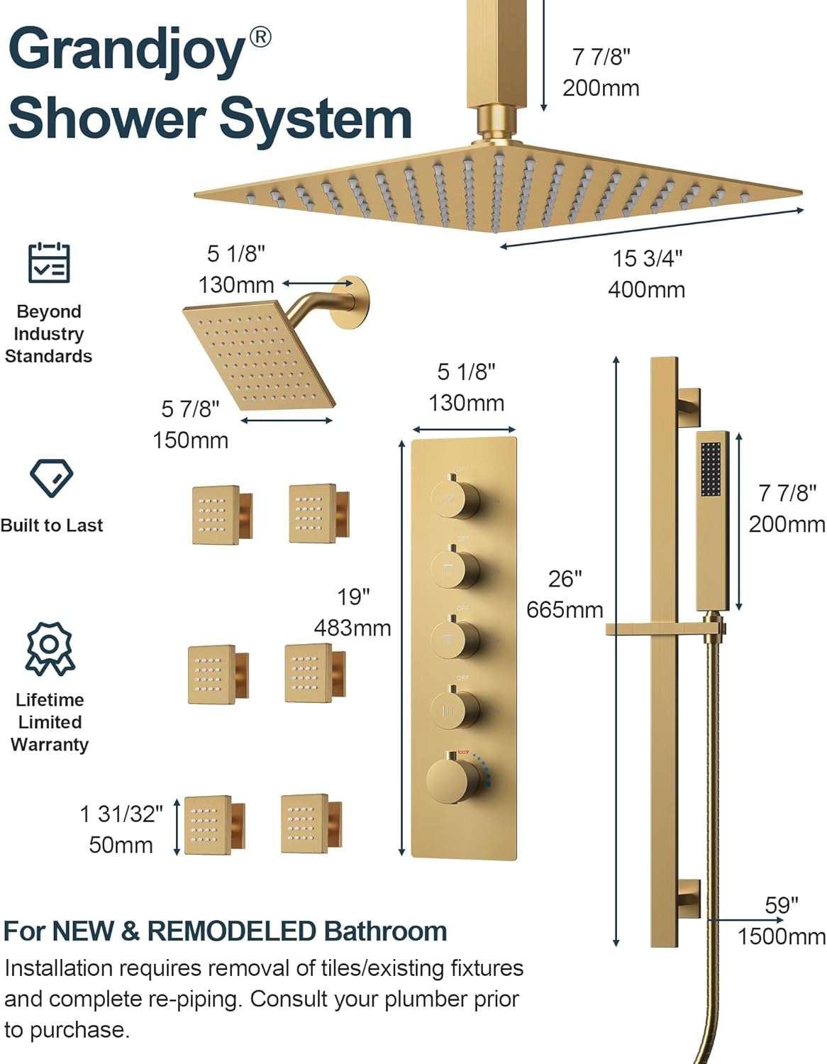 GRANDJOY Brushed Gold Thermostatic Shower System
