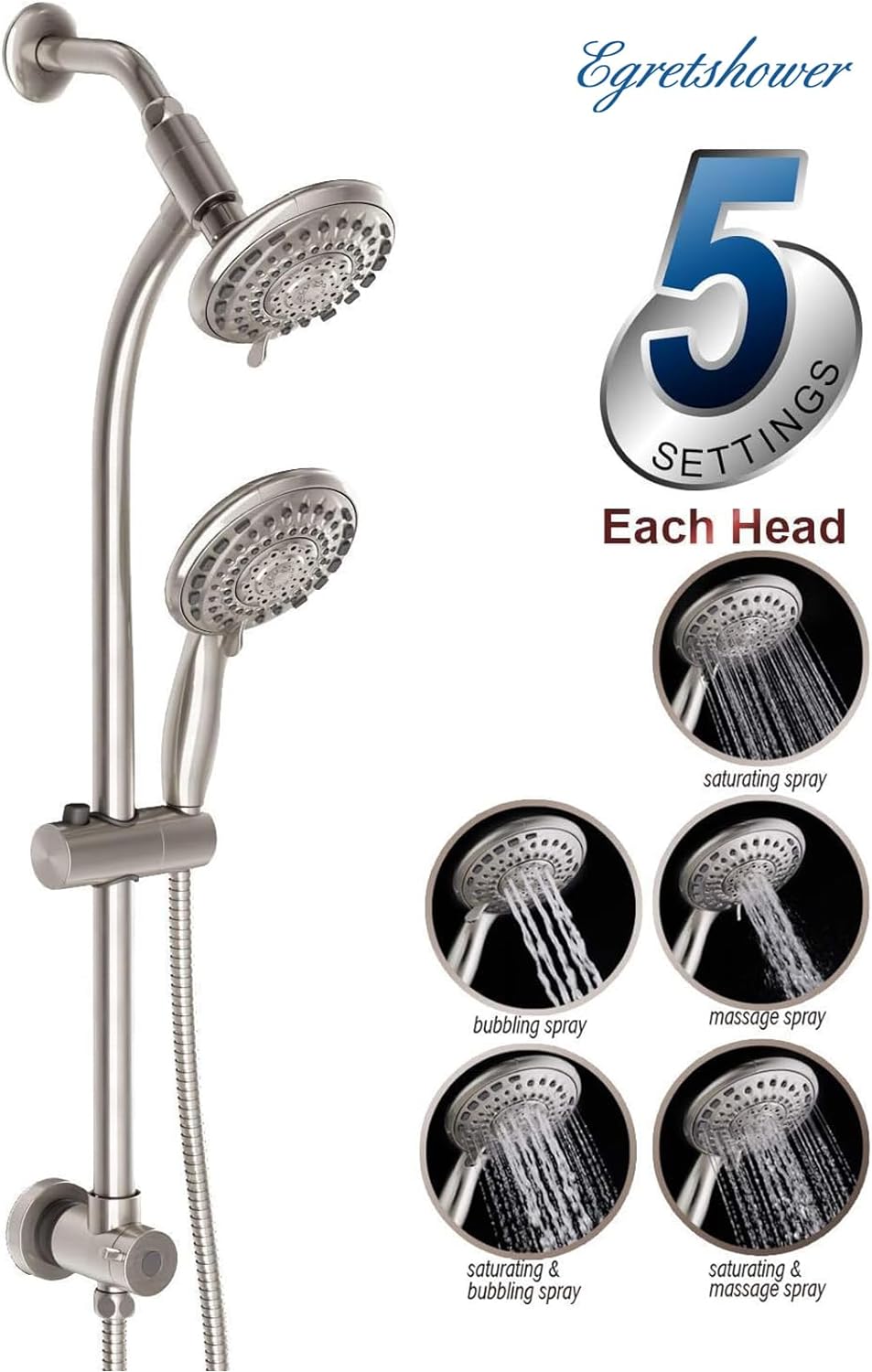 Handheld Showerhead Rain Combo with 275 Slide Bar 5ft Hose