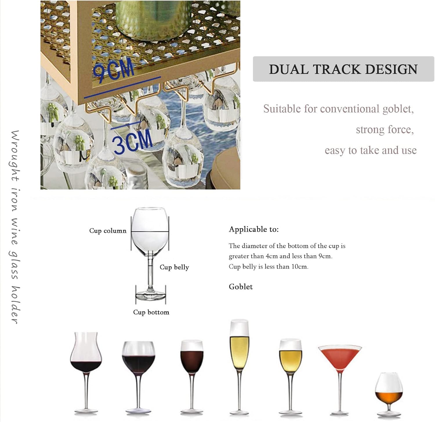 Iron Art Ceiling Wine Rack with Adjustable Chain and Glass Storage
