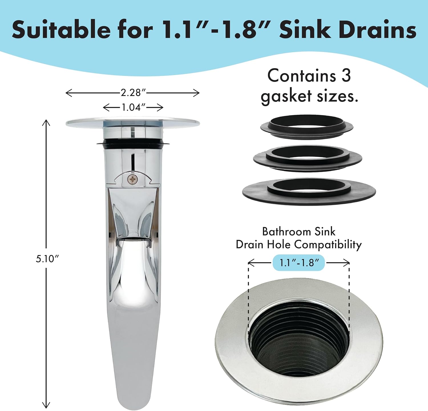 DrainFunnel Chrome Sink Drainer for Hair Clog Prevention