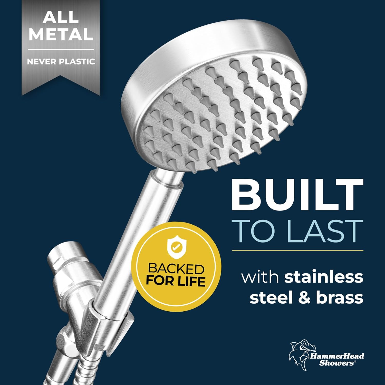 HammerHead Showers All Metal Handheld Shower Head with 6ft Hose and Brass Holder