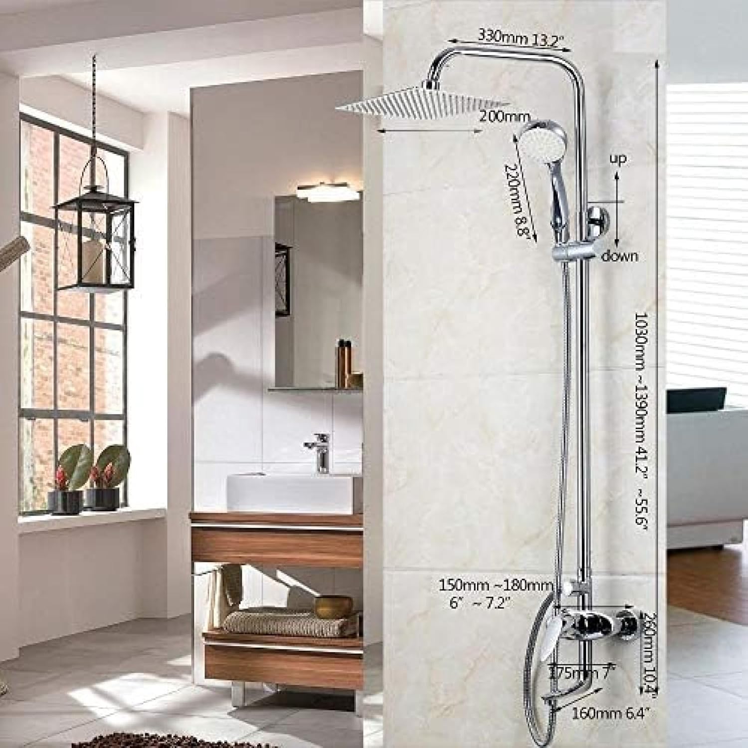 TECKI Square Chrome LED Rain Shower Wall Mount Set