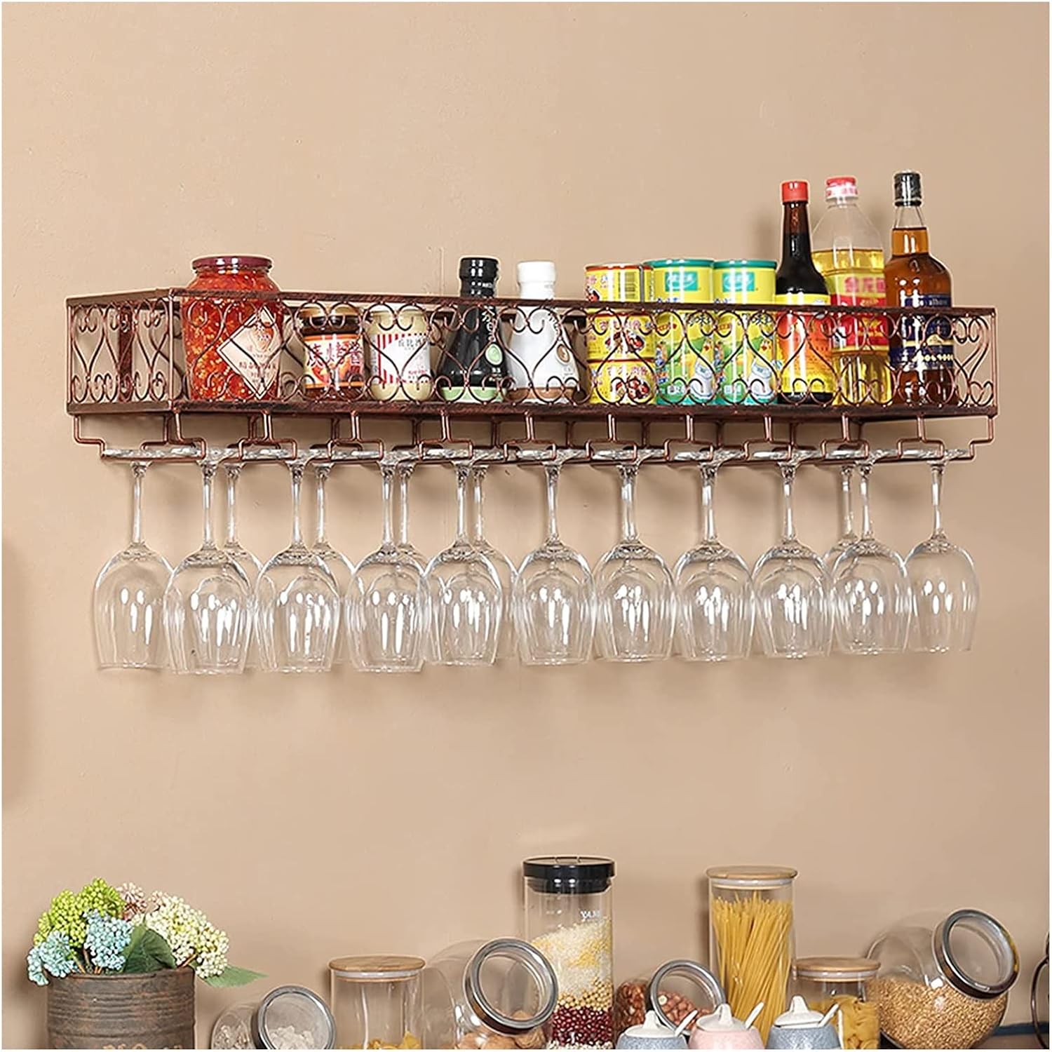 ALDEPO Wall Mounted Wine Rack with Glass Holder Rustic Metal Design 60x25x16CM Bronze