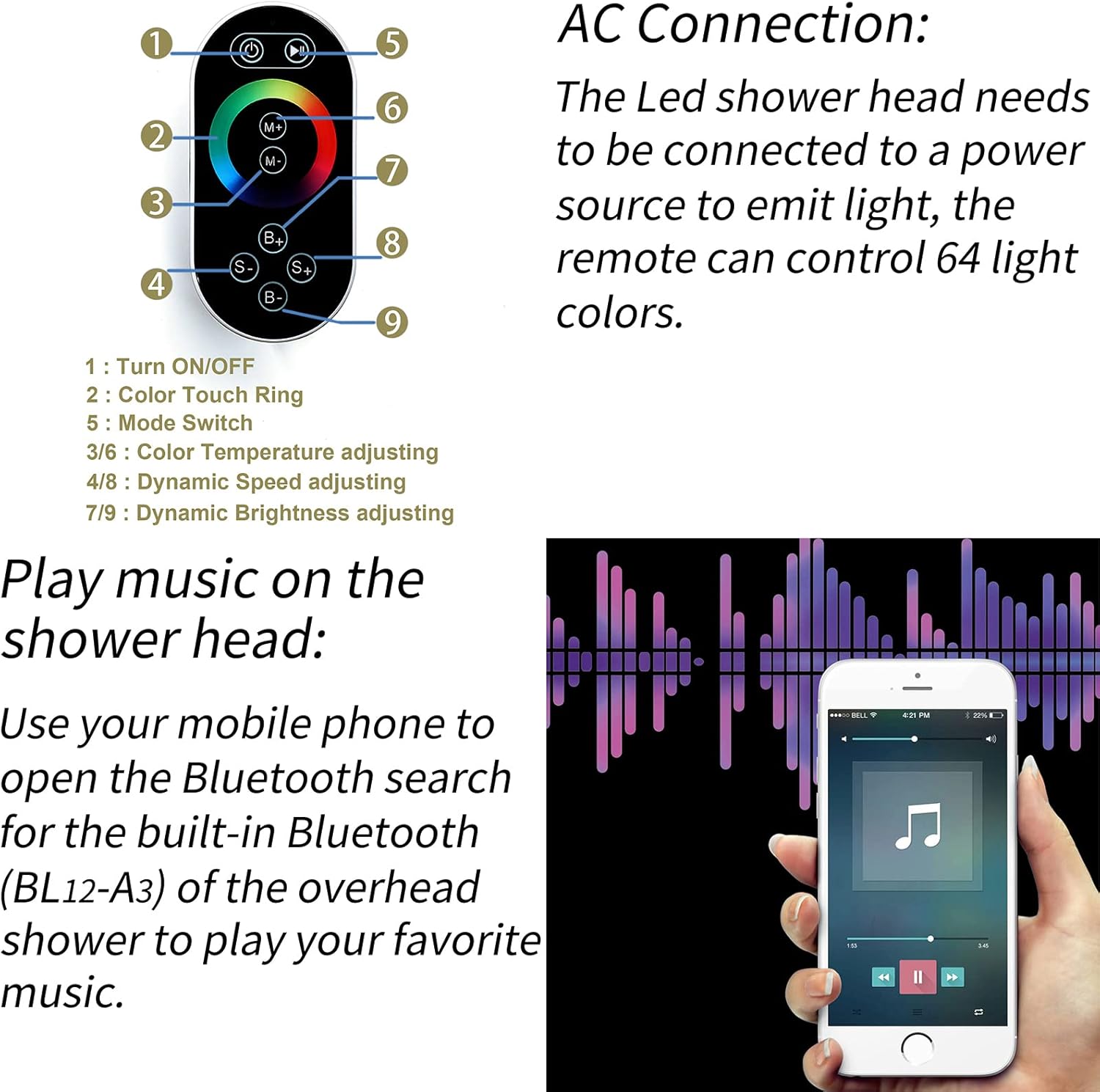 Bluetooth Music Shower Faucet Set with LED Light and 3-Speed Massage