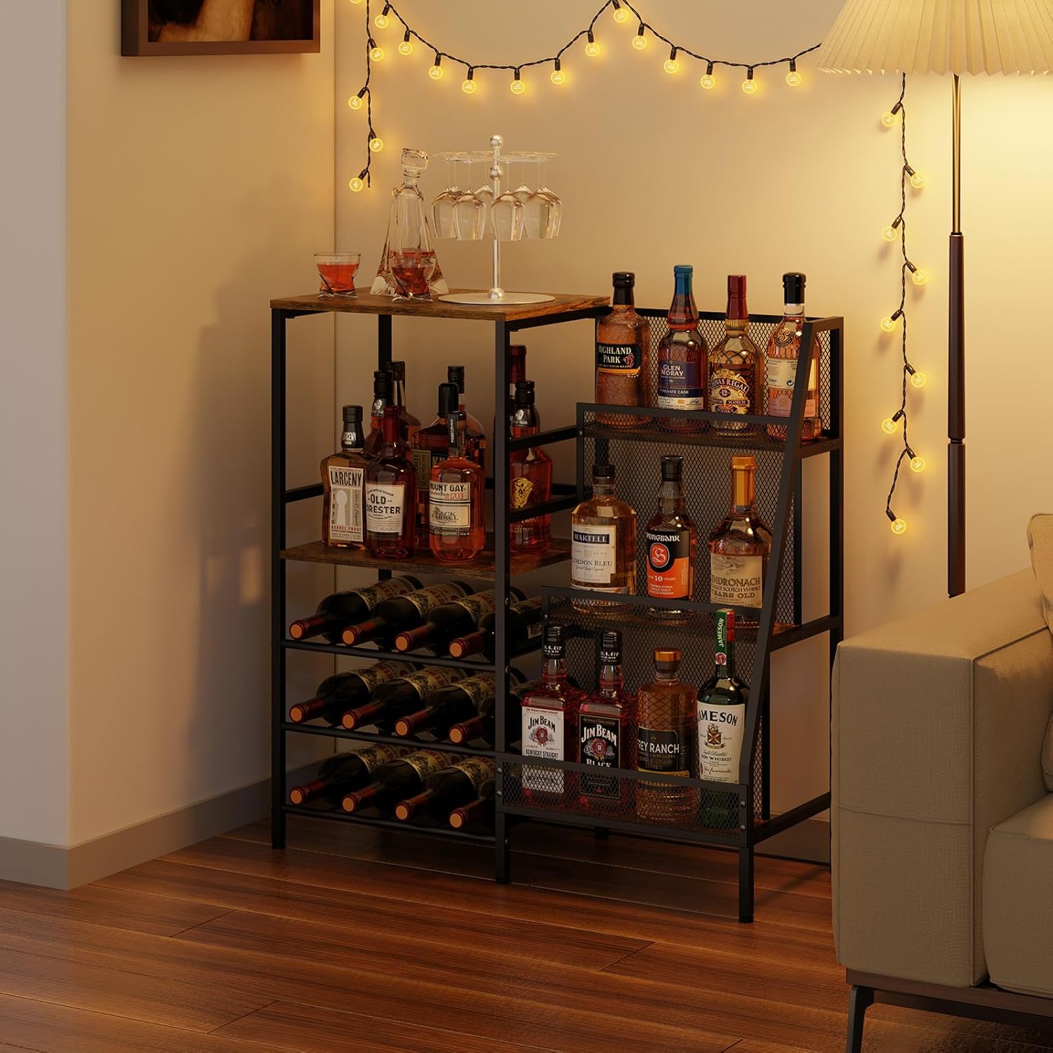 Hayexiha Freestanding 3-Tier Liquor Wine Cabinet with Fences