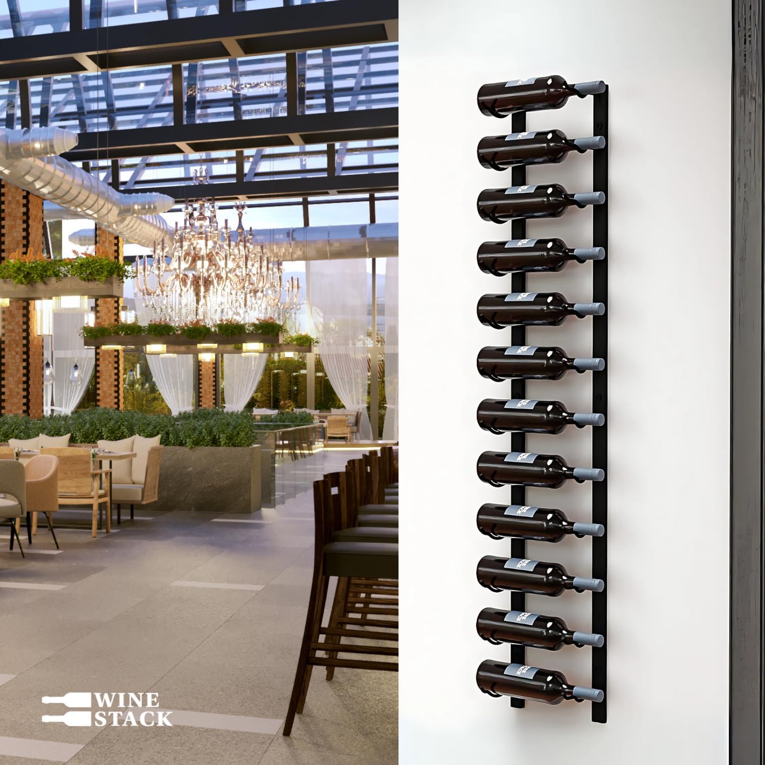 12-Bottle Black Metal Wall Wine Rack Modern Industrial Style