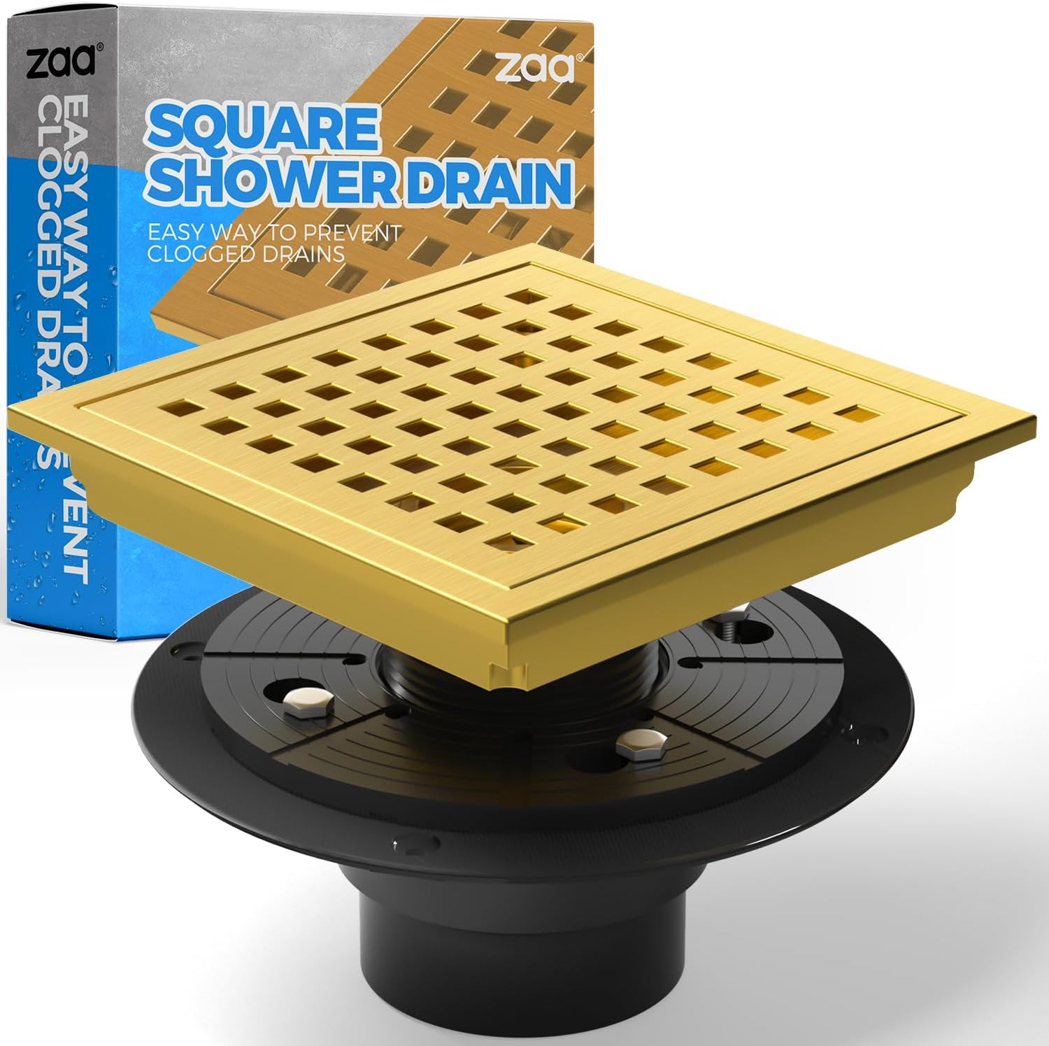 Zaa 6 Inch Square Shower Drain with Flange and Hair Strainer
