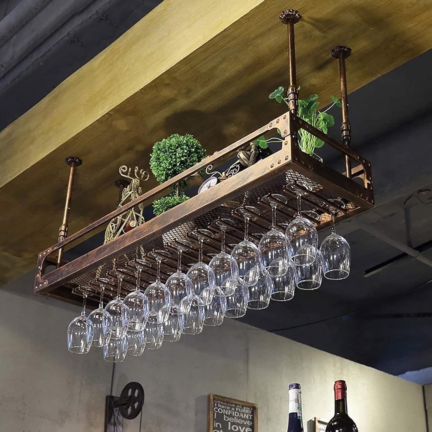Adjustable Ceiling Wine Rack Holder Black Metal Wall-Mounted