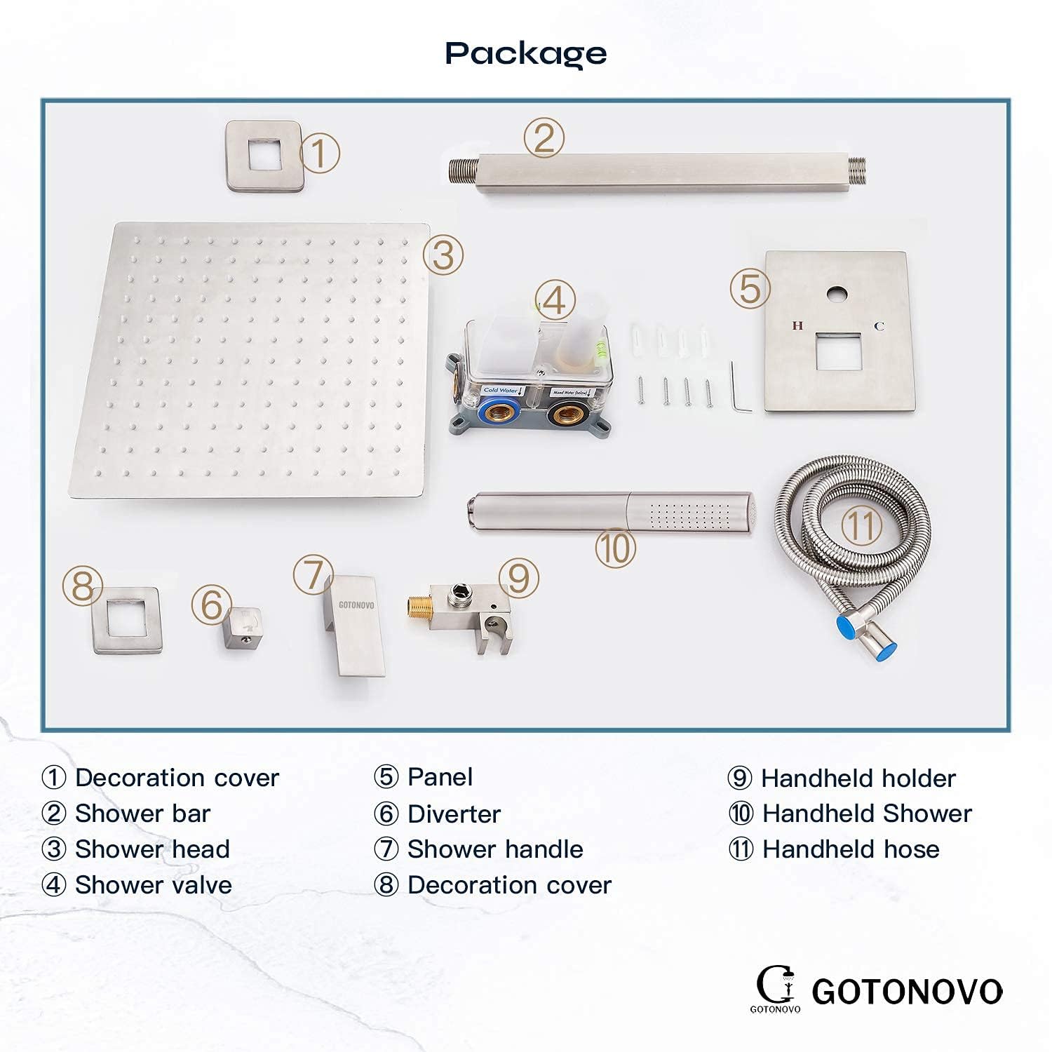Gotonovo 12 Square Ceiling Mount Shower Faucet with 2-in-1 Handheld