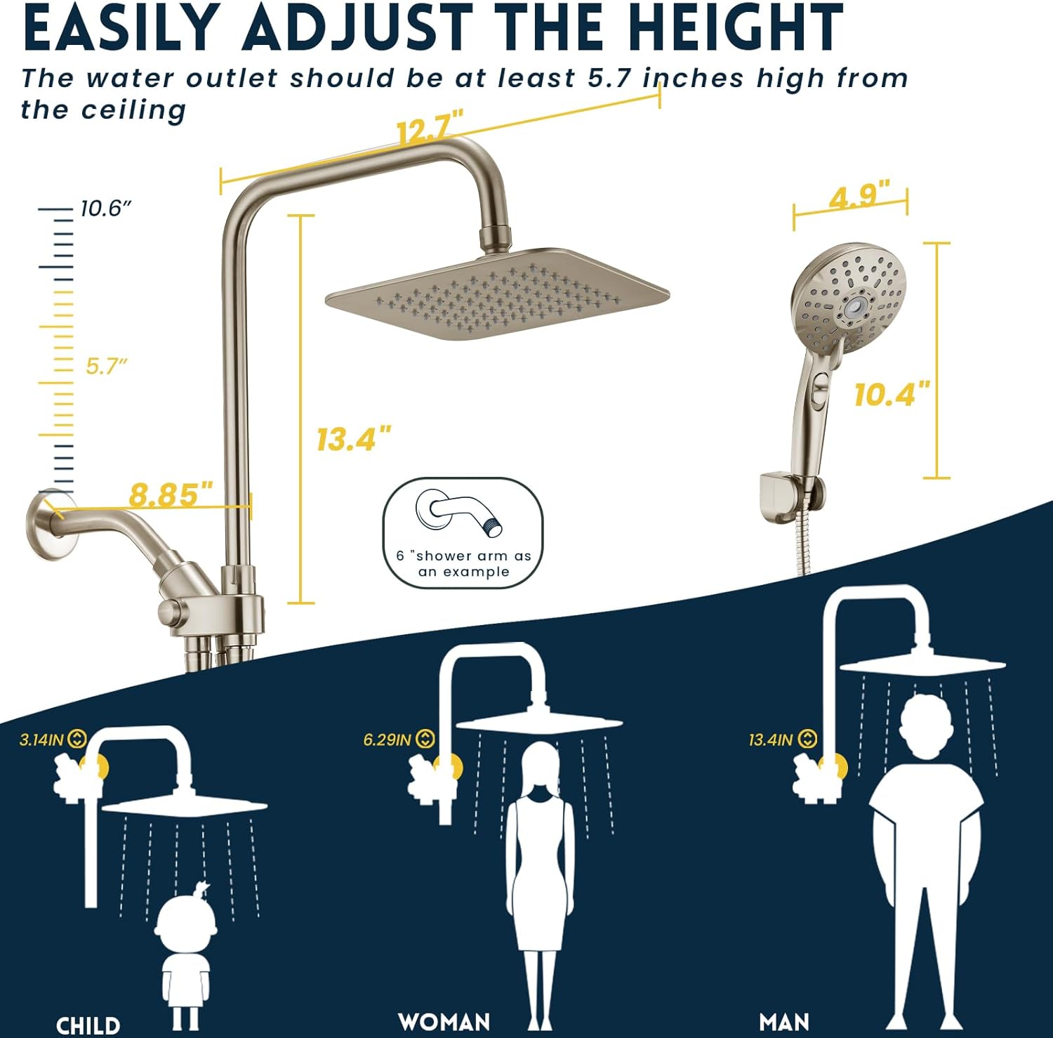 Ryamen Dual Shower Head Combo with 6 Settings Adjustable Slide Bar