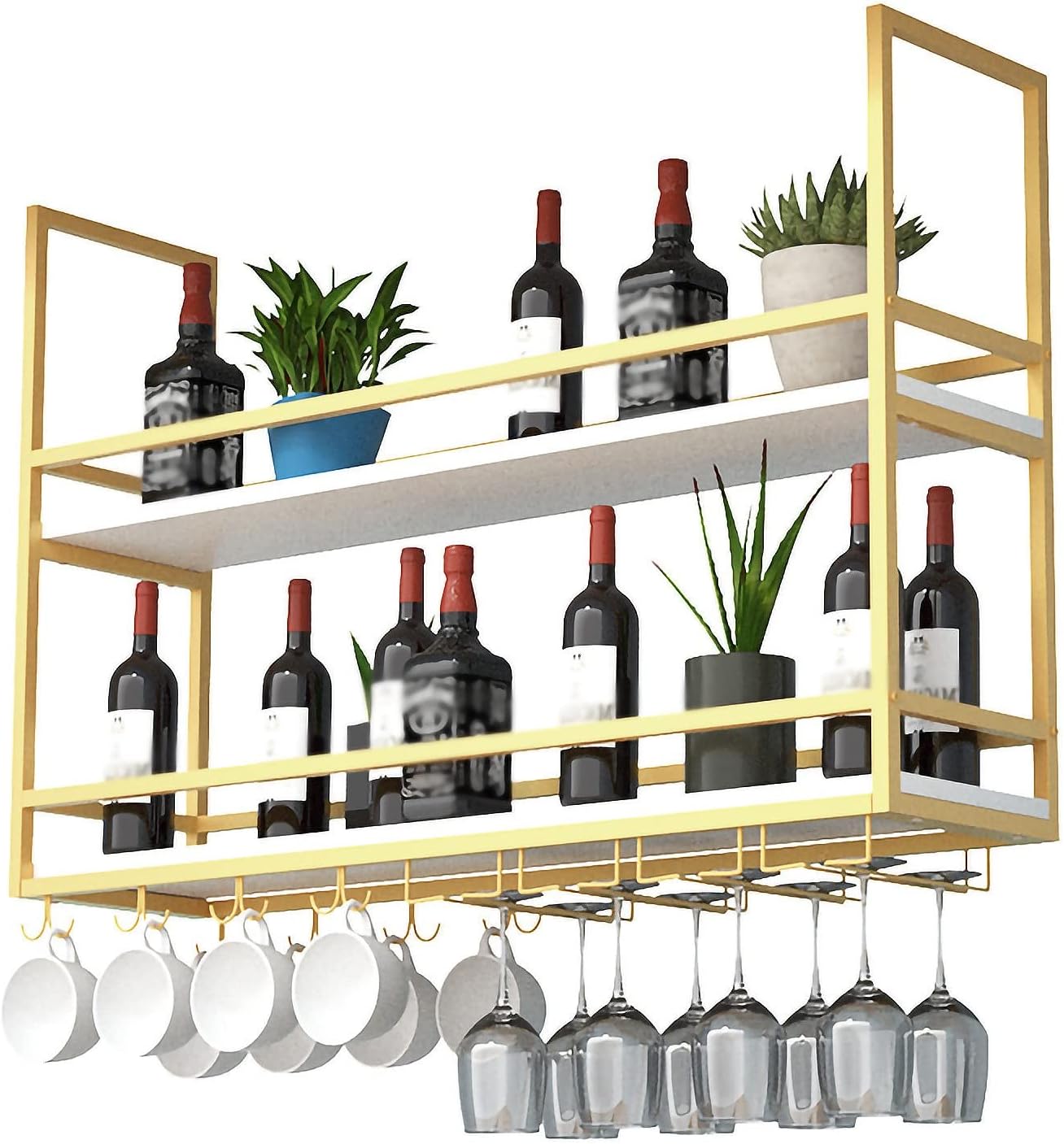 ZJDYDY 2 Tier Ceiling Wine Rack with Stemware Holder and Guard Rail