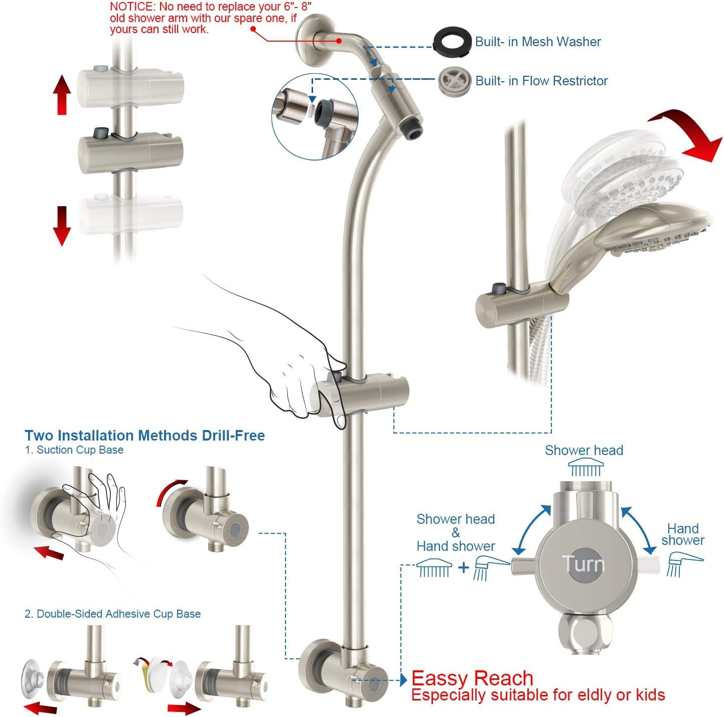 Handheld Showerhead Rain Combo with 275 Slide Bar 5ft Hose