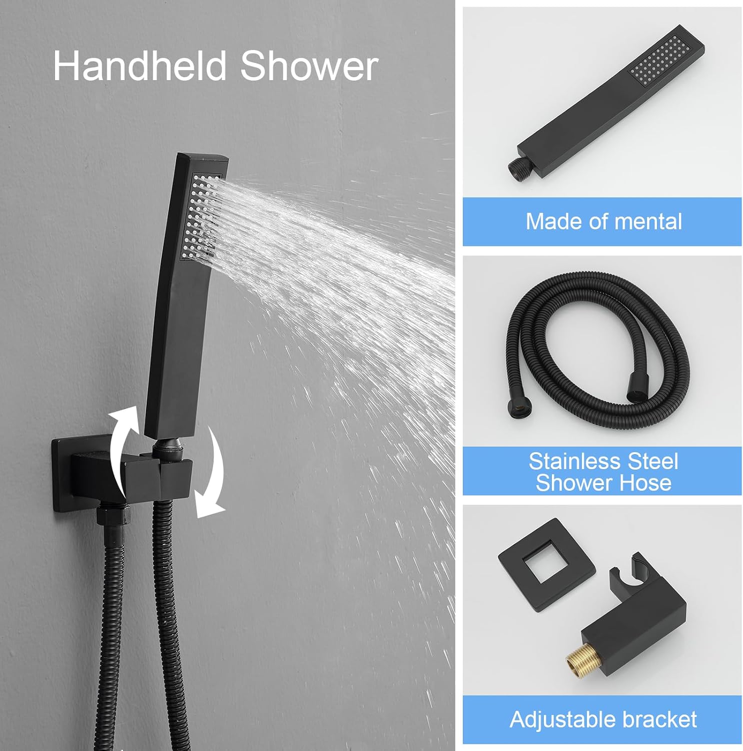 BWE Black Rain Shower System with Body Jets and Handheld Sprayer