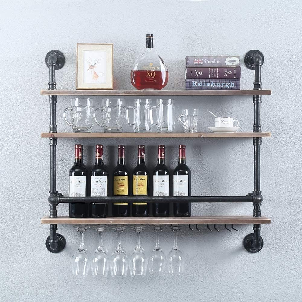 Pimex Wall-Mounted 3-Layer Wine Rack with Iron Frame and Glass Holders