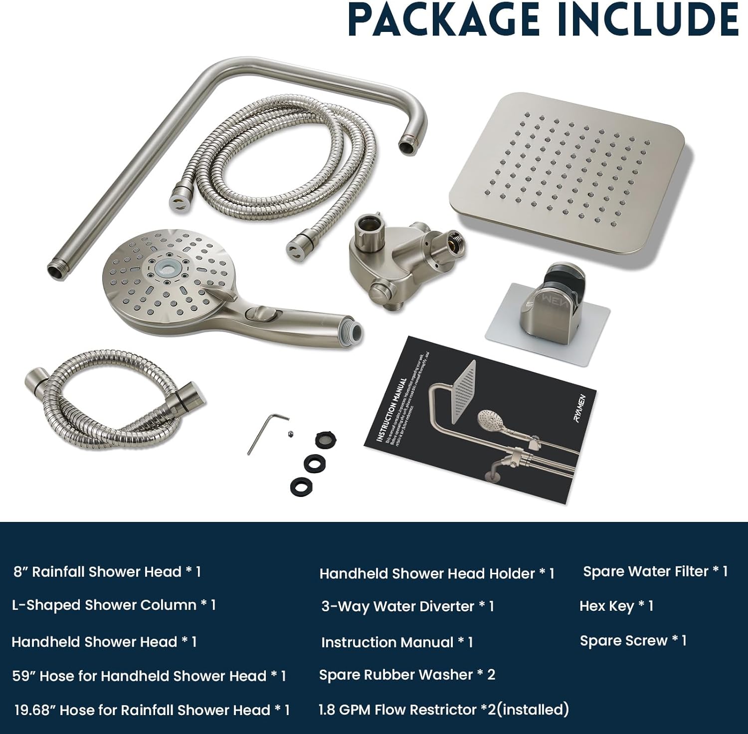 Ryamen Dual Shower Head Combo with 6 Settings Adjustable Slide Bar
