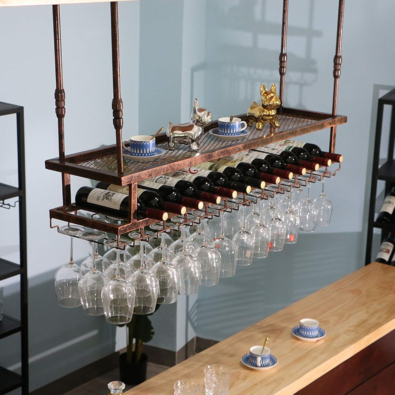 Wall-Mounted Wine Rack with Adjustable Ceiling Bar