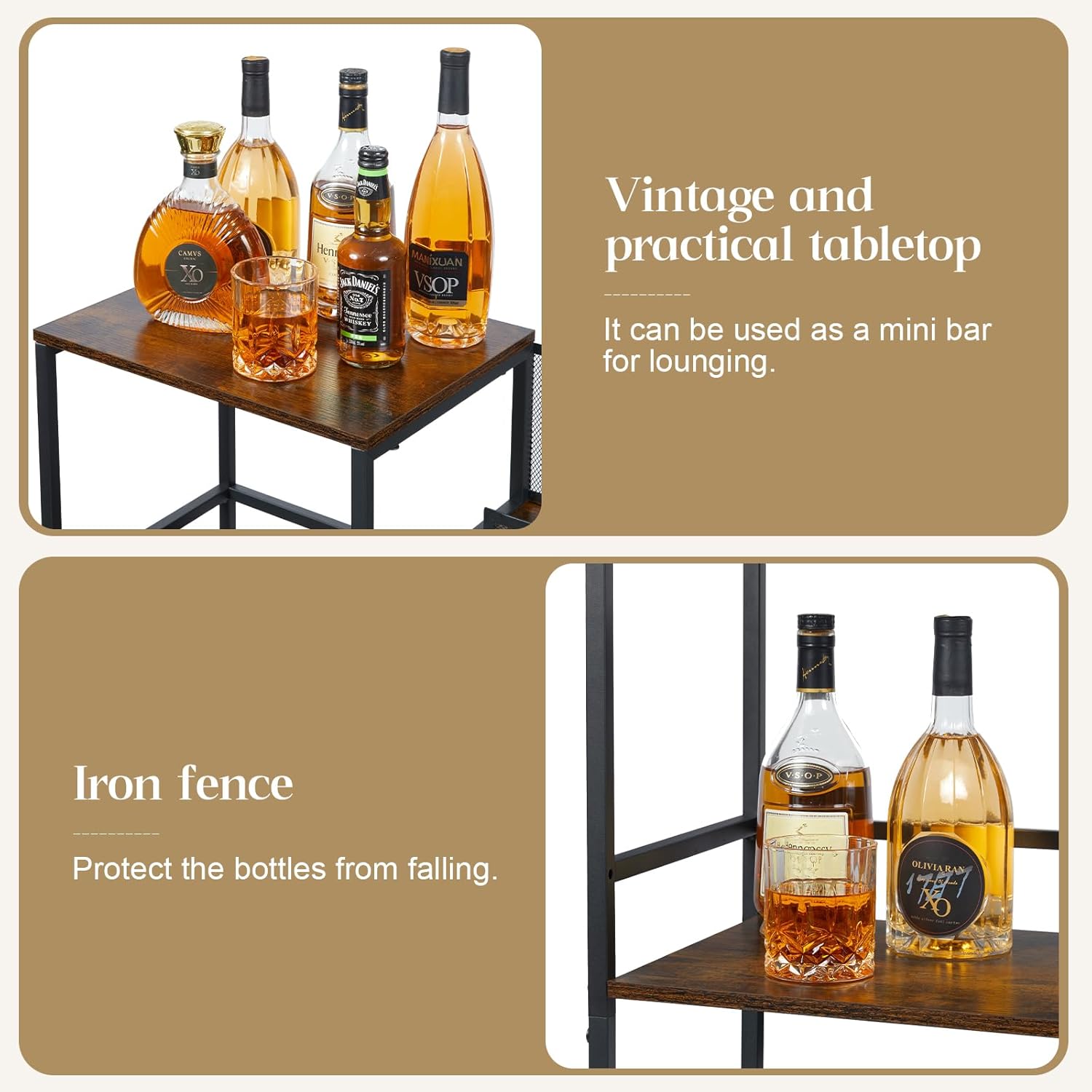 Hayexiha Freestanding 3-Tier Liquor Wine Cabinet with Fences