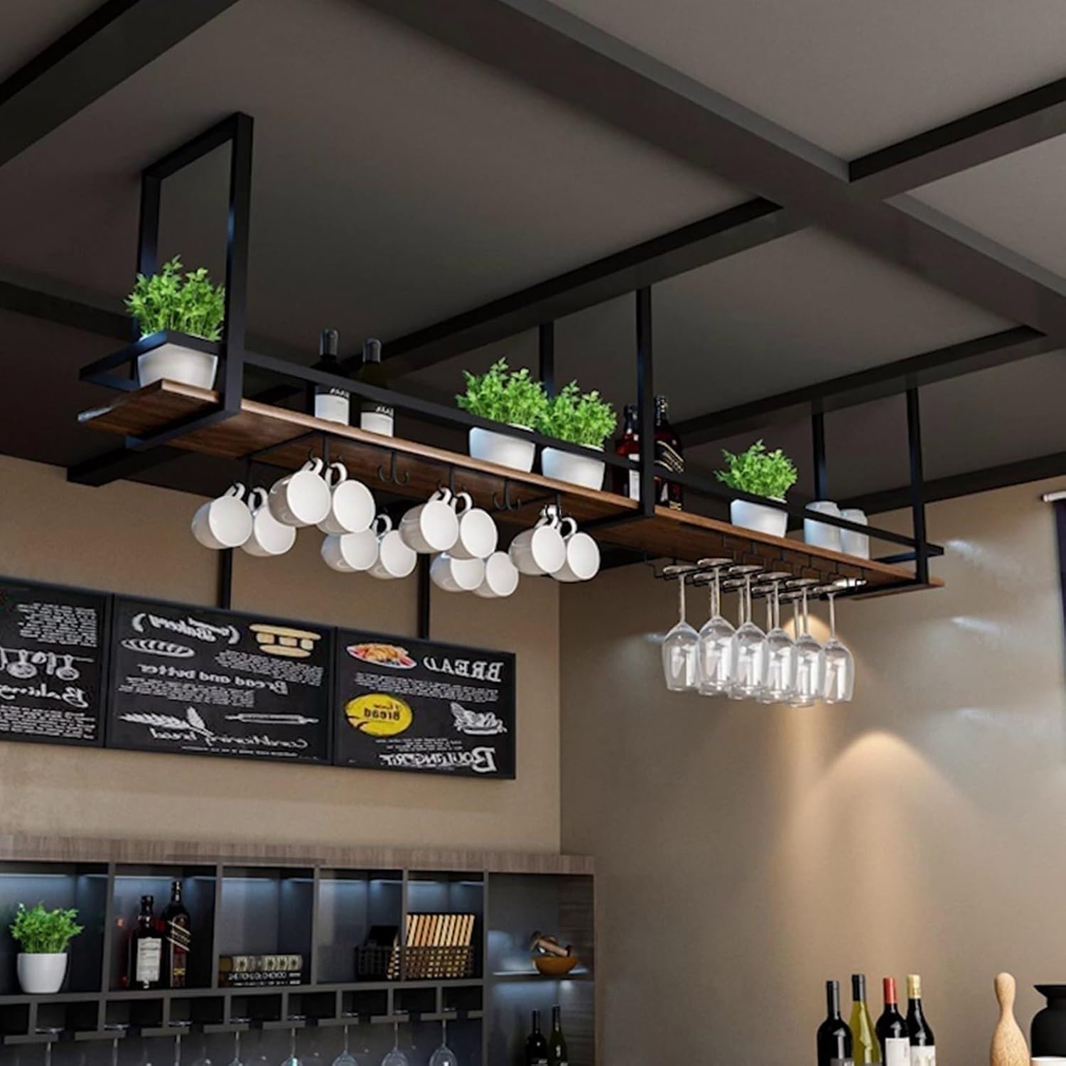 Ceiling Floating Shelves with 2 Tiers Wine Storage Rack
