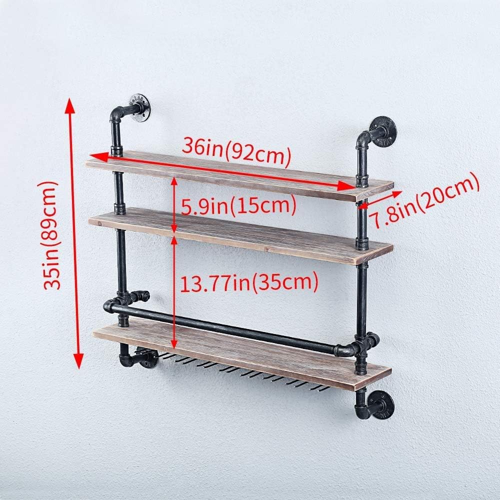 Pimex Wall-Mounted 3-Layer Wine Rack with Iron Frame and Glass Holders